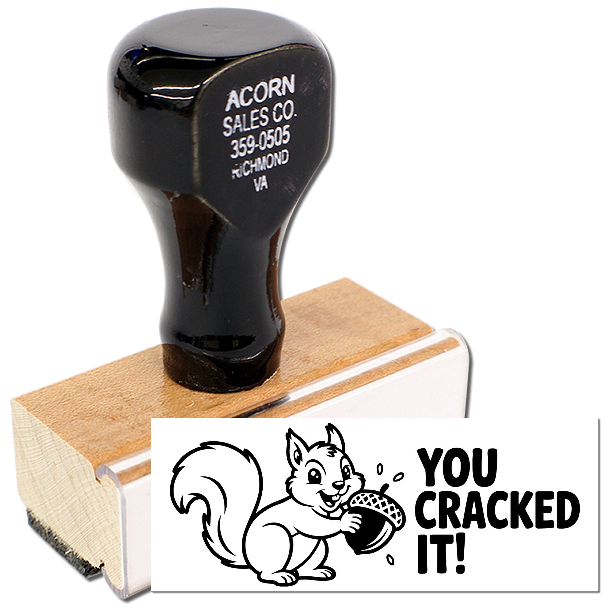 Personalized rubber stamp showing business name and a squirrel You Cracked It! design for custom branding and packaging.