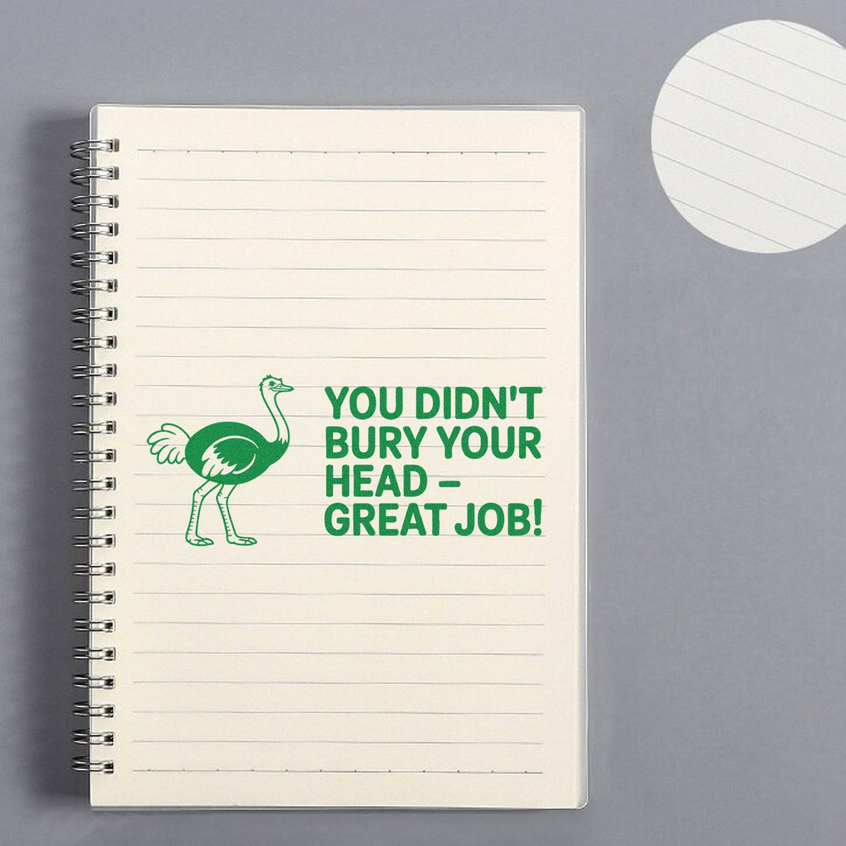 Ostrich rubber stamp with You didnt bury your headgreat job! for teacher encouragement, notebooks, and planners.