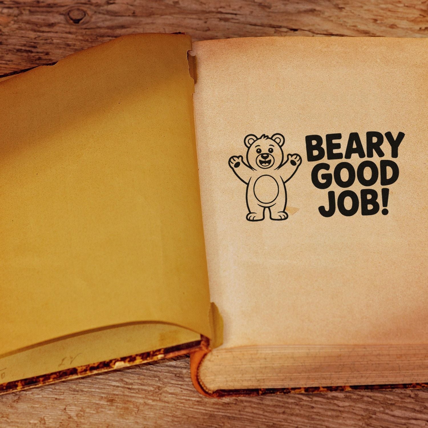 Beary Good Job rubber stamp on open book, cute bear reward stamp for teachers, crafts, and encouragement notes.