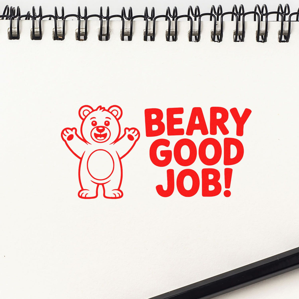 Red bear rubber stamp design with Beary Good Job! text, perfect for teacher rewards, kids crafts, and encouragement.