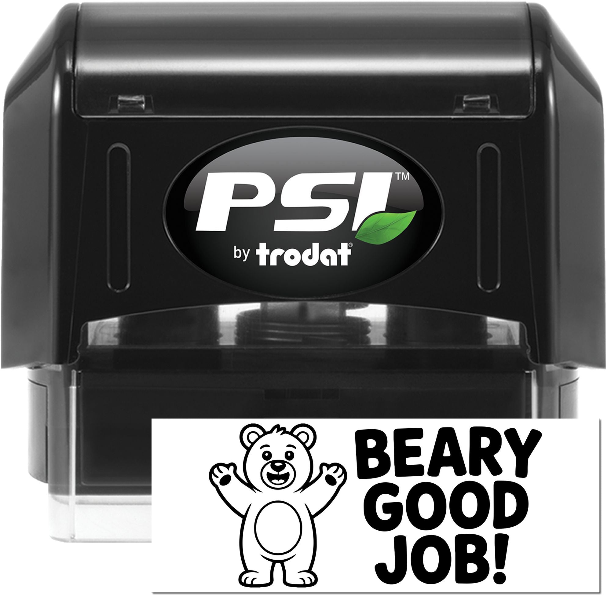 PSI by Trodat self-inking rubber stamp with Beary Good Job! bear design, ideal for fun classroom or office marking.