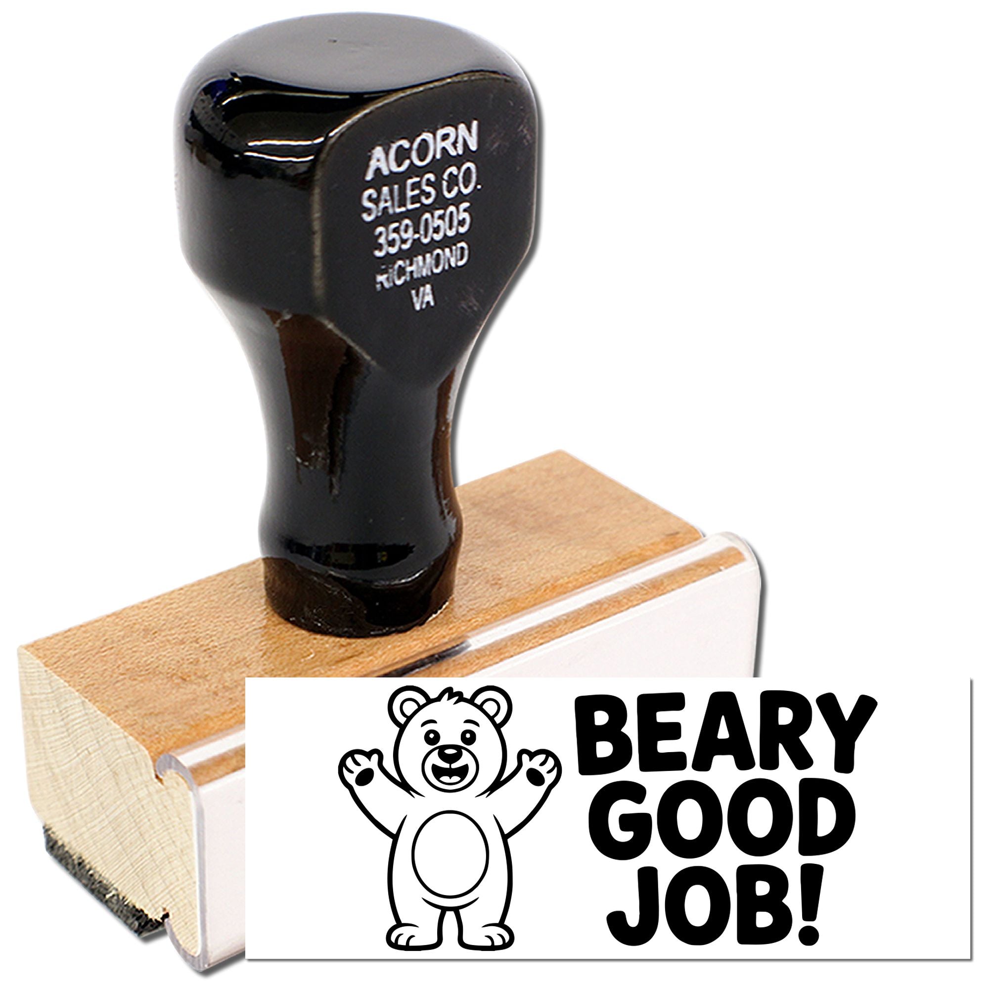Custom rubber stamp with Acorn Sales Co. return address and Beary Good Job! bear reward stamp design.