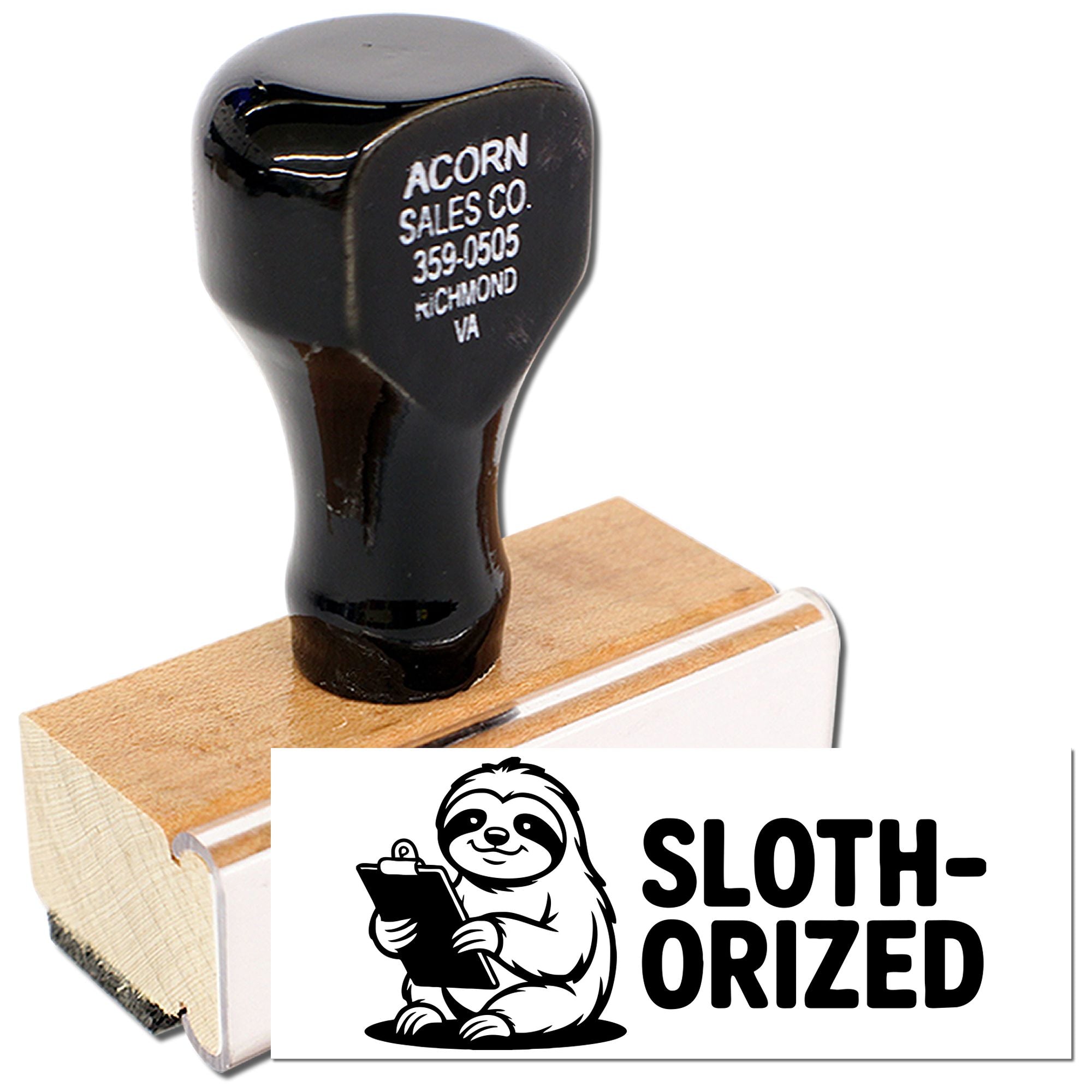 Custom rubber stamp with Sloth-ORIZED logo, ideal for branded packaging and business impressions, featuring Acorn Sales Co. handle.