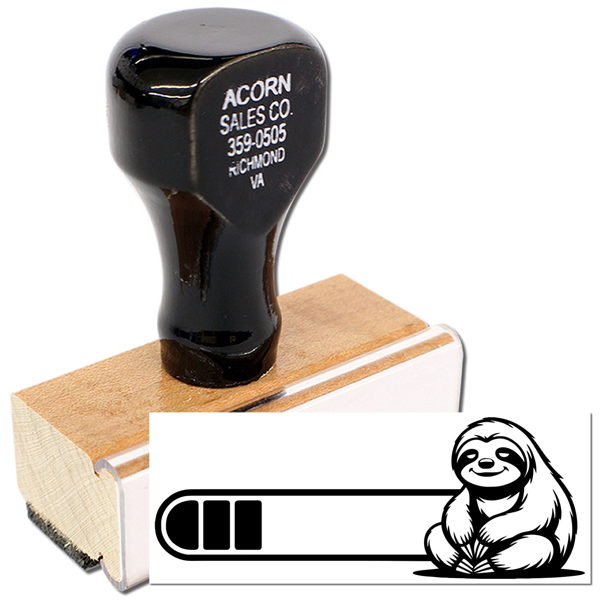 Custom rubber stamp with sloth logo for business branding, packaging, and promotional use.