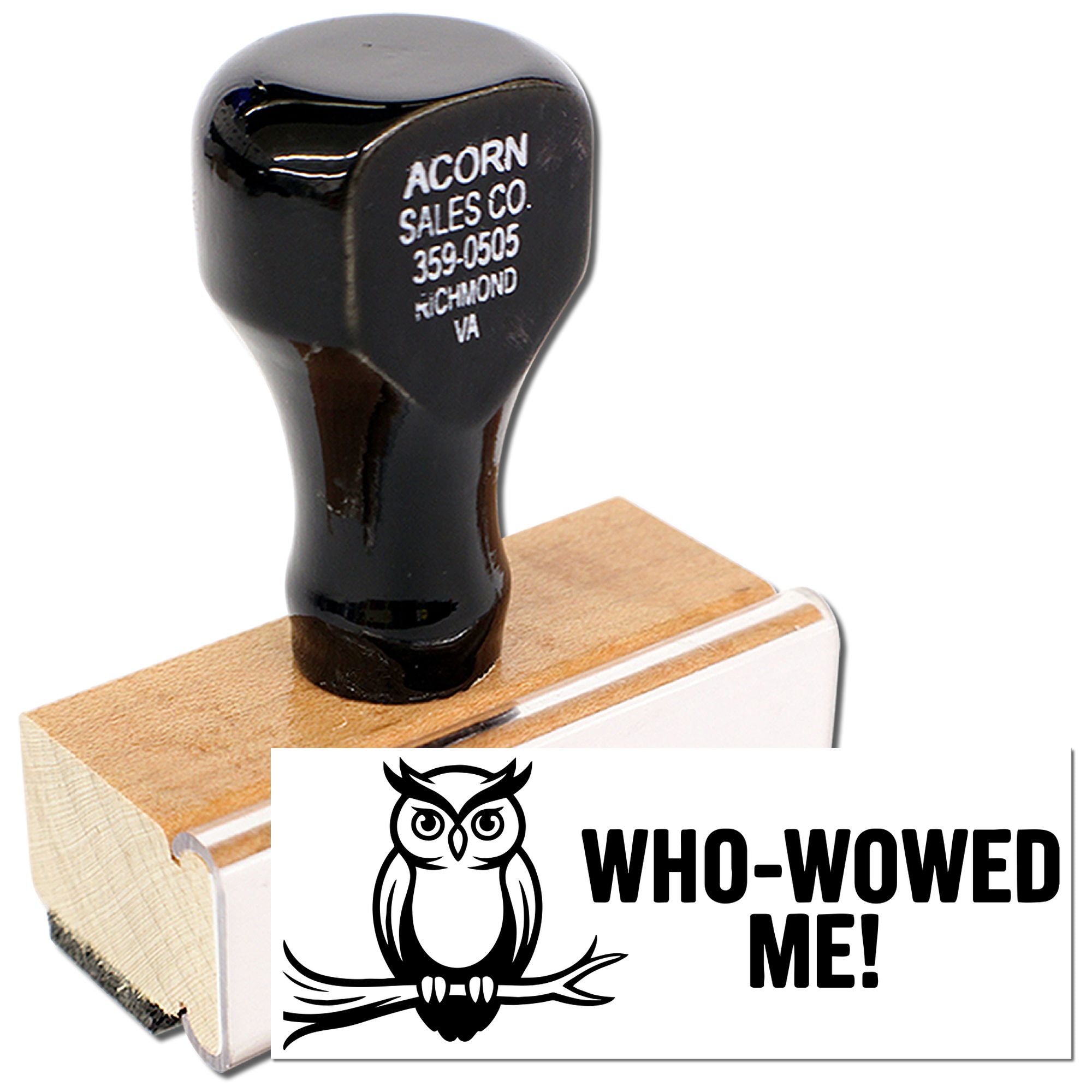 Personalized wooden rubber stamp with owl design and Who-Wowed Me! text for branding, packaging, and craft projects.