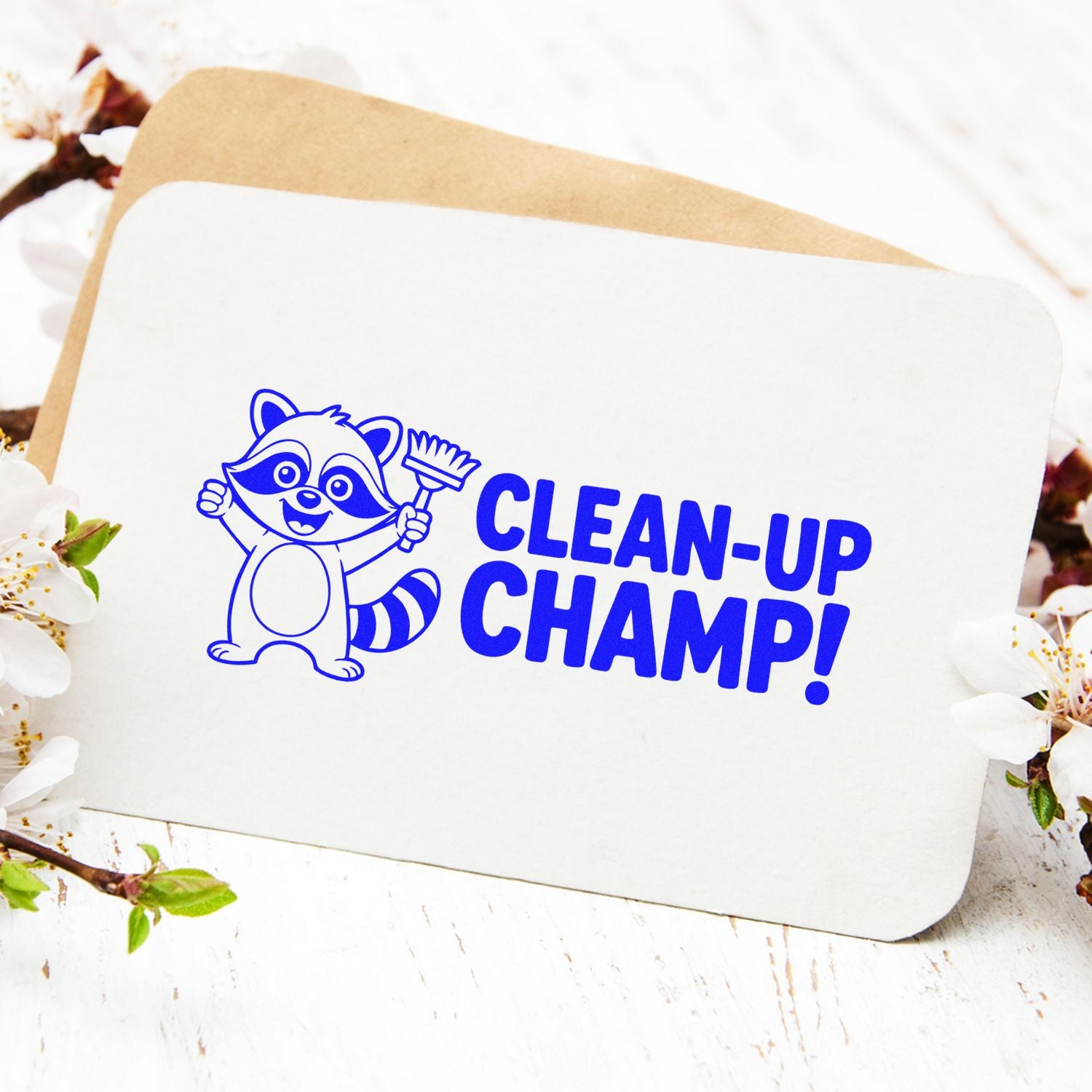 Clean-Up Champ raccoon rubber stamp on envelope, ideal for kids reward, classroom, and craft stamping.