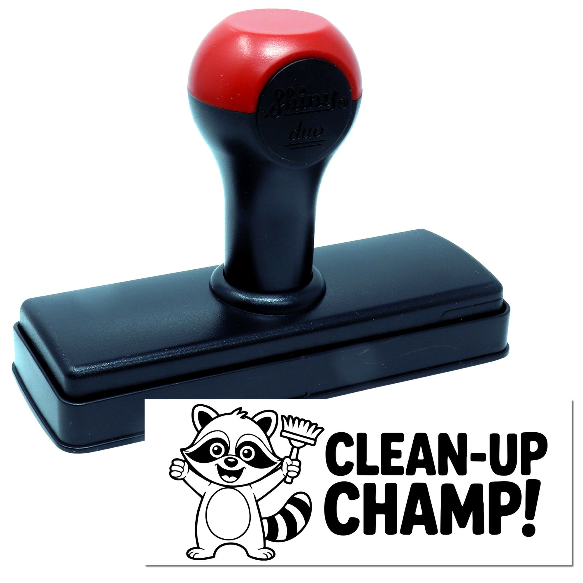Self-inking rubber stamp with raccoon Clean-Up Champ! design for classroom rewards and cleaning-themed crafts.