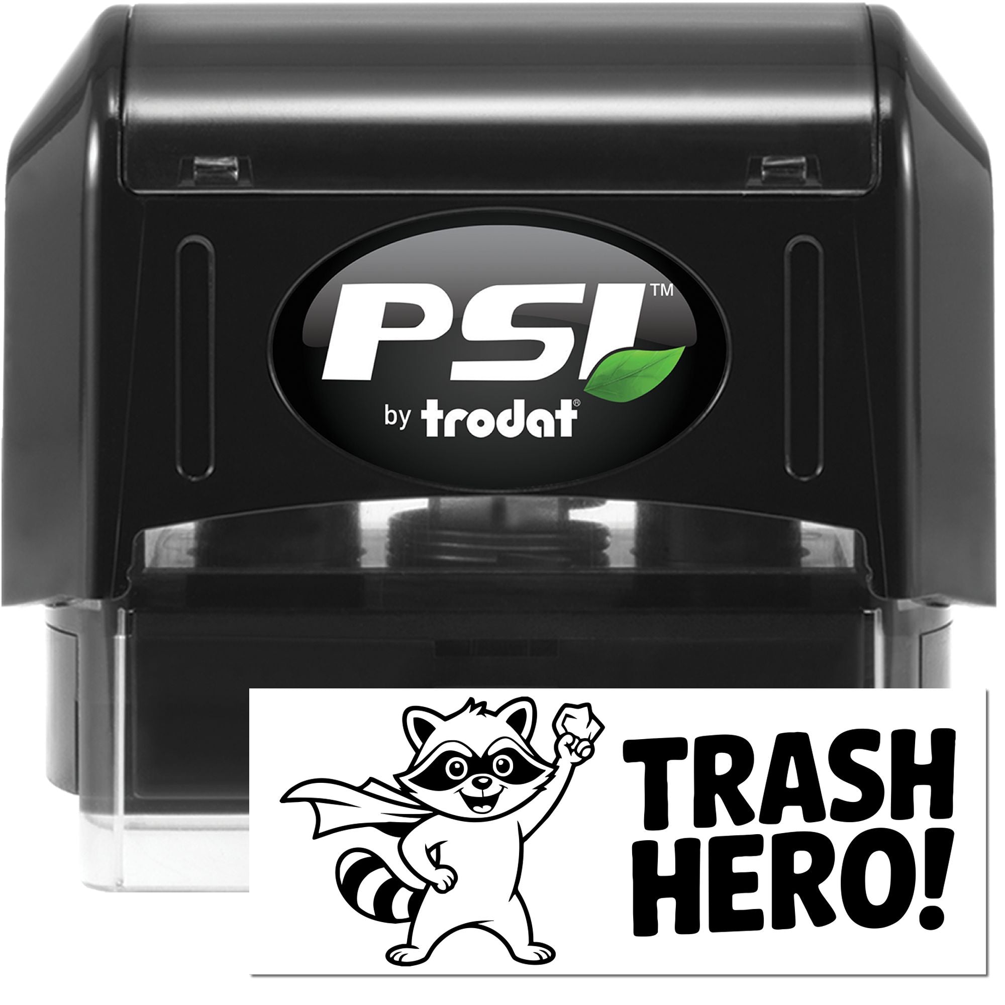 PSI by Trodat self-inking rubber stamp with custom Trash Hero design for recycling and waste sorting labels