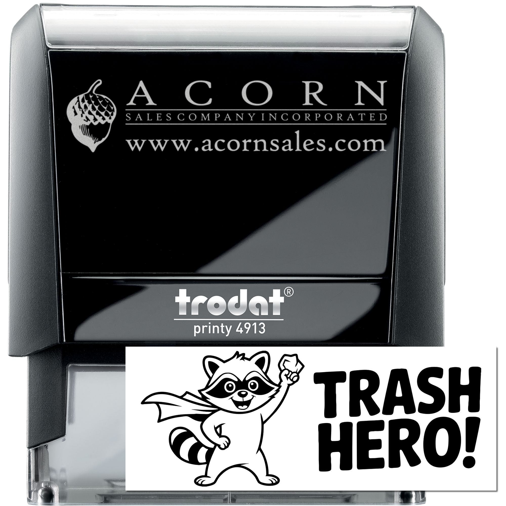 Custom self-inking rubber stamp with company logo and Trash Hero imprint for personalized business branding.
