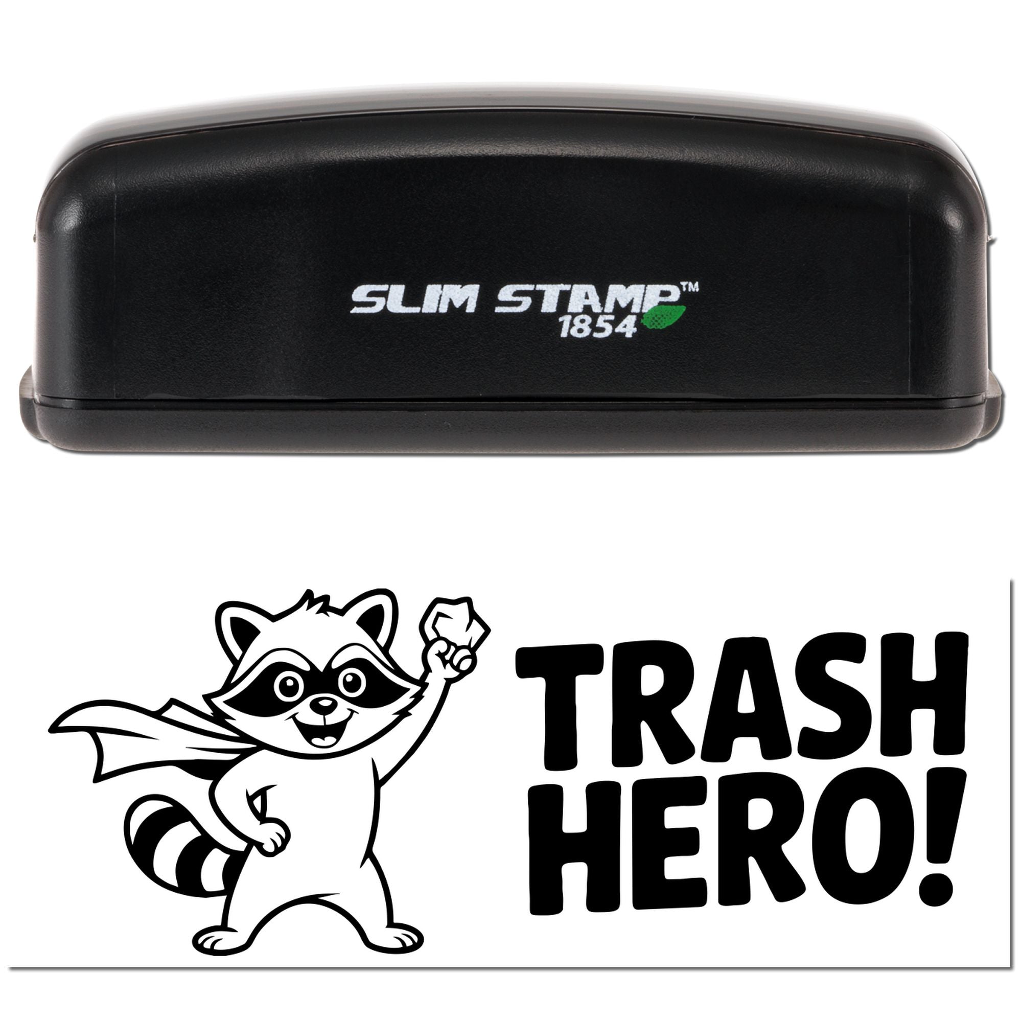 Slim Stamp 1854 self-inking rubber stamp featuring a Trash Hero raccoon design for recycling and cleanup projects.