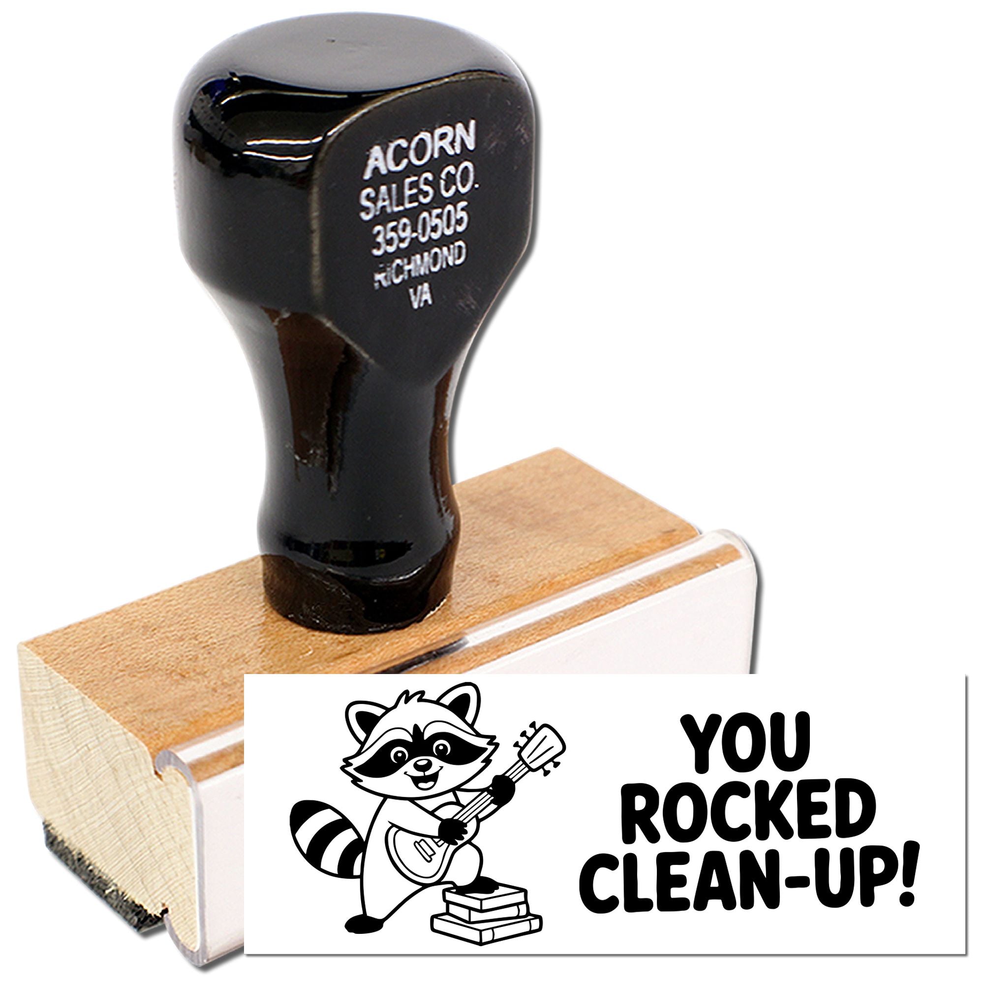 Custom rubber stamp with You Rocked Clean-Up! raccoon design for volunteer appreciation and event recognition.