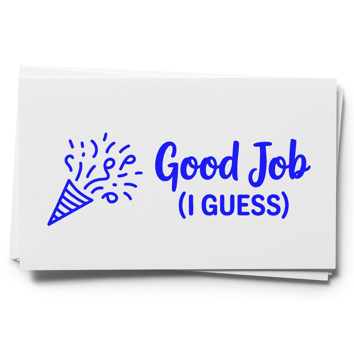 Good Job (I Guess) rubber stamp design with party popper icon for humorous encouragement, office praise, and reward stamping.