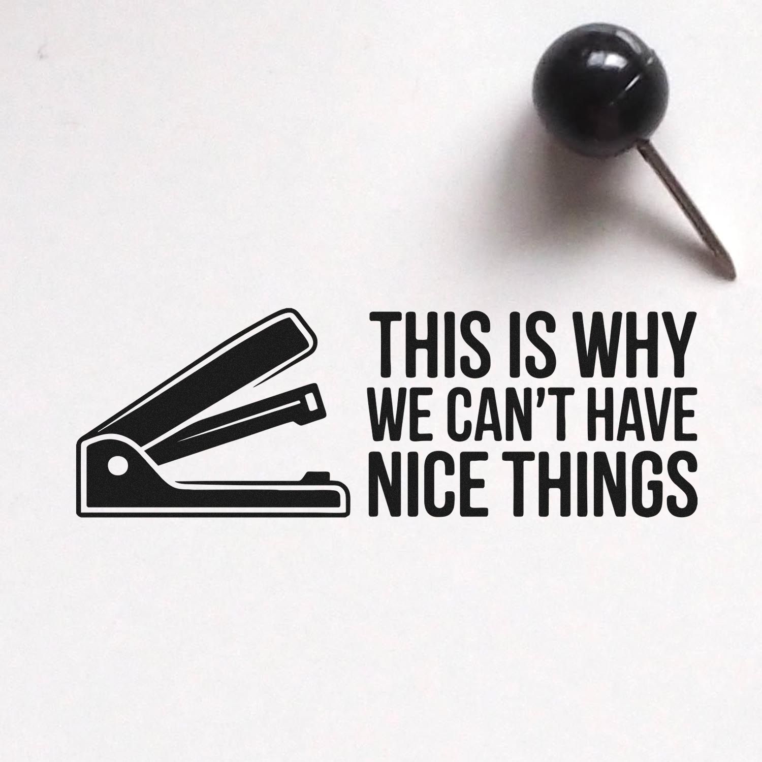 Custom rubber stamp design with stapler icon and funny This Is Why We Cant Have Nice Things message.