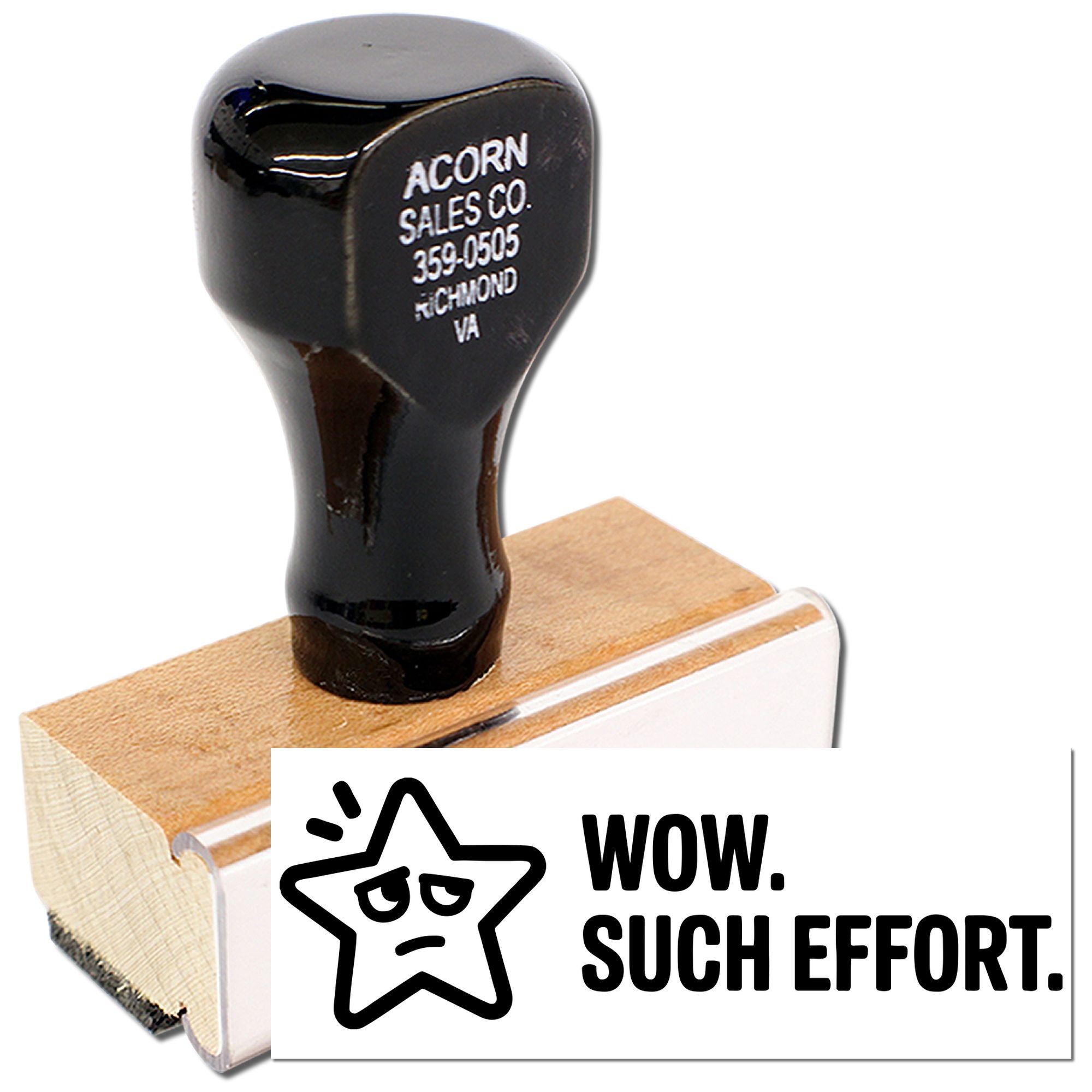 Custom rubber stamp with WOW. SUCH EFFORT. star design for humorous office reviews, crafts, and novelty stamping.
