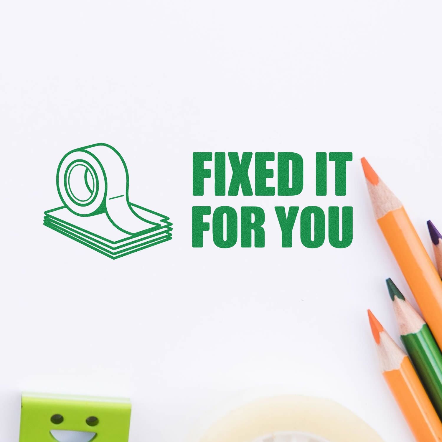 Fixed It For You rubber stamp design with tape icon, perfect for office, school, and craft correction marking.