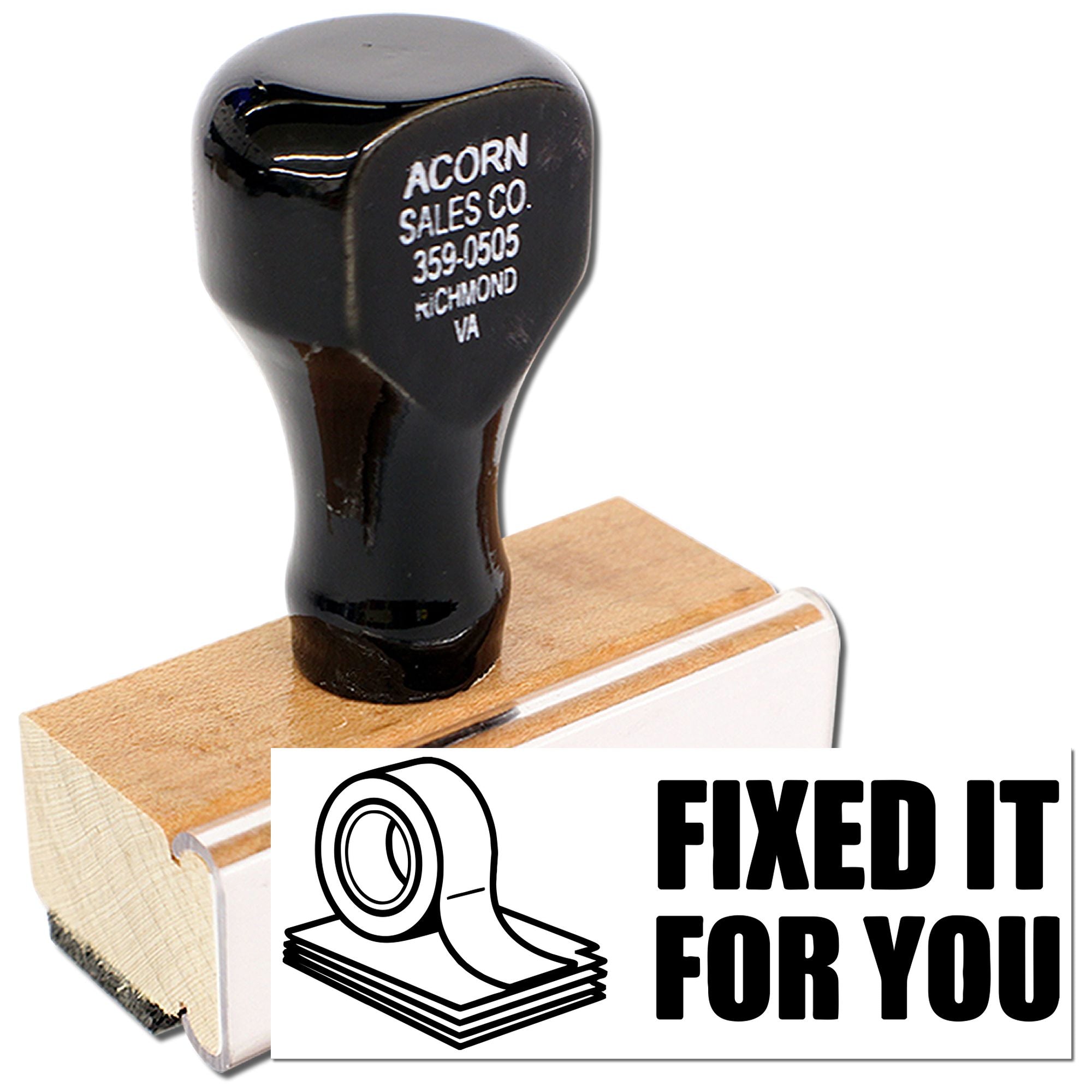 Custom rubber stamp with tape graphic and Fixed It for You text for repairs, office use, or packaging labels.