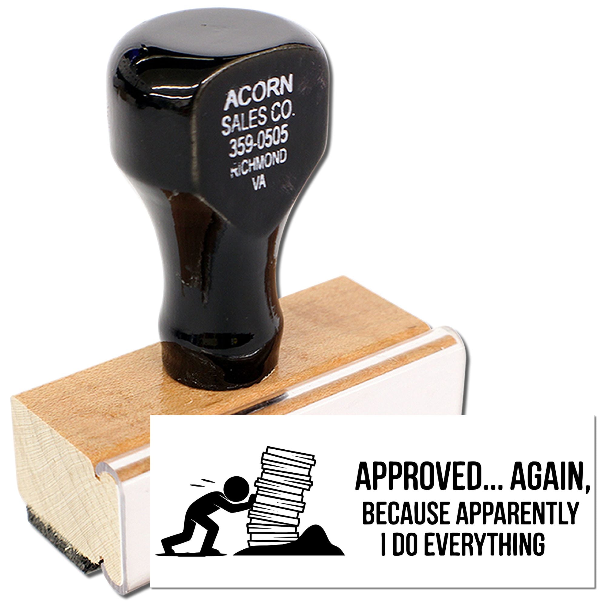 Custom rubber stamp with funny Approved Again message for office paperwork, reviews, and document approval.