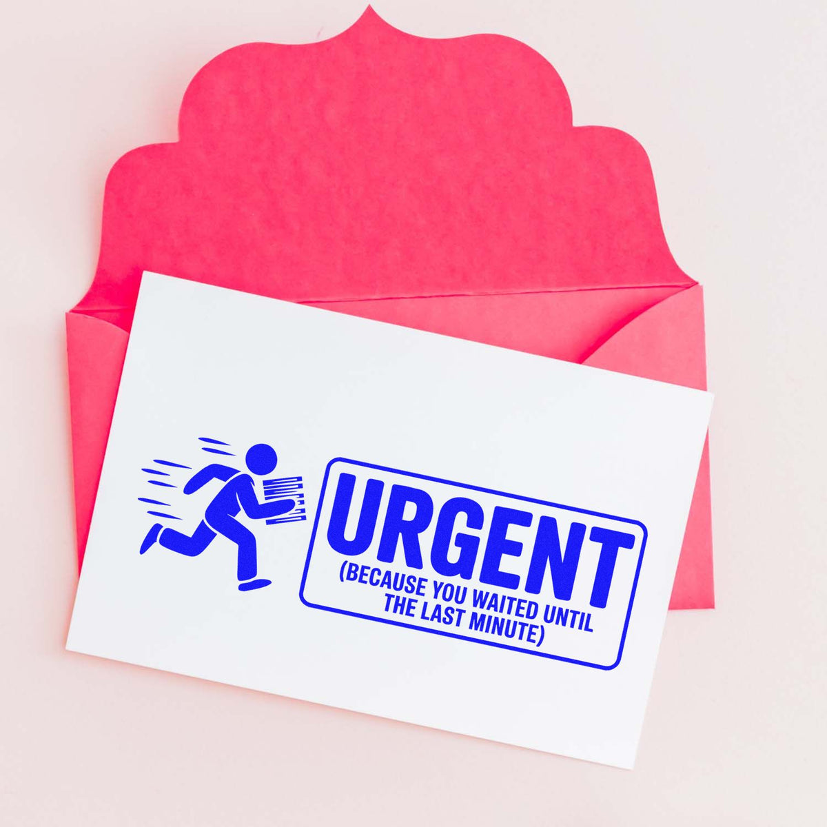 Urgent rubber stamp design with running figure on envelope, ideal for office mail, shipping, and last-minute documents.