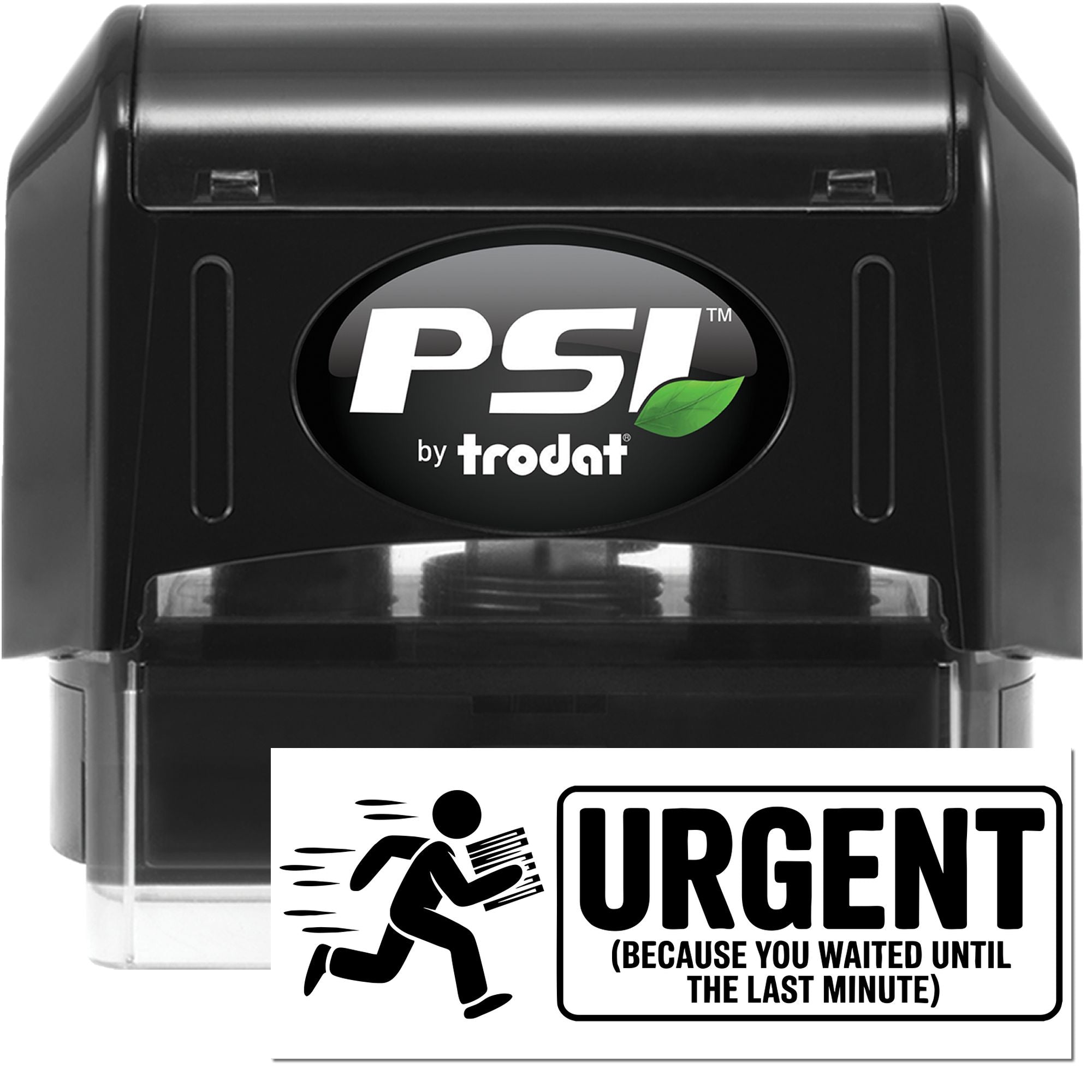 PSI by Trodat self-inking rubber stamp with bold URGENT impression and running figure design.