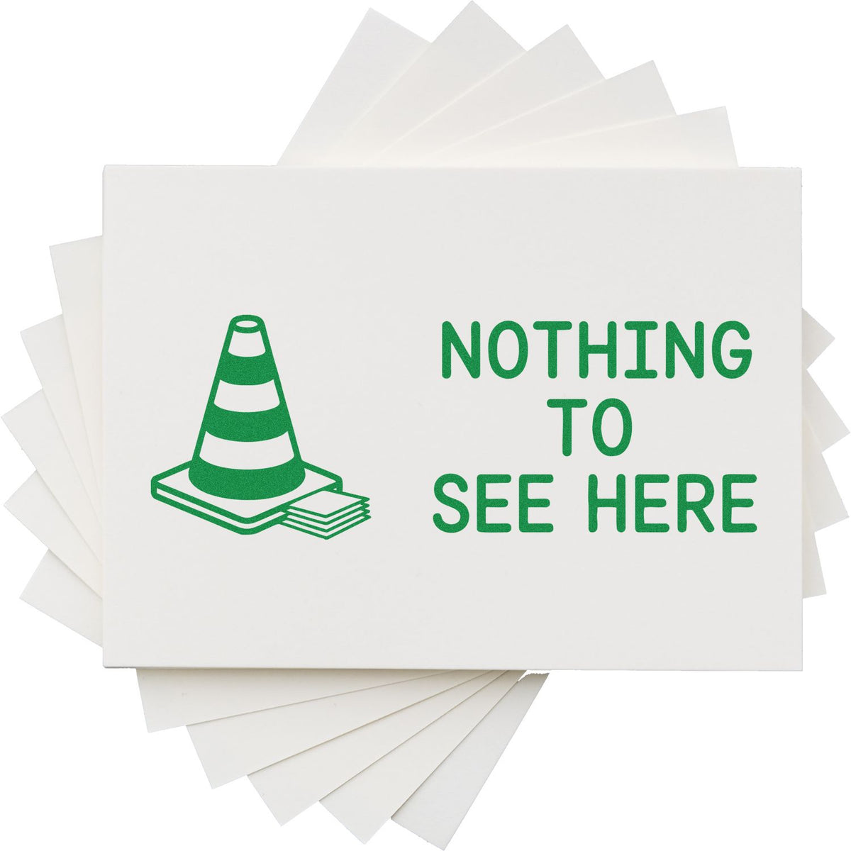 Nothing to See Here rubber stamp with green traffic cone icon for office document marking, privacy, or redaction use.