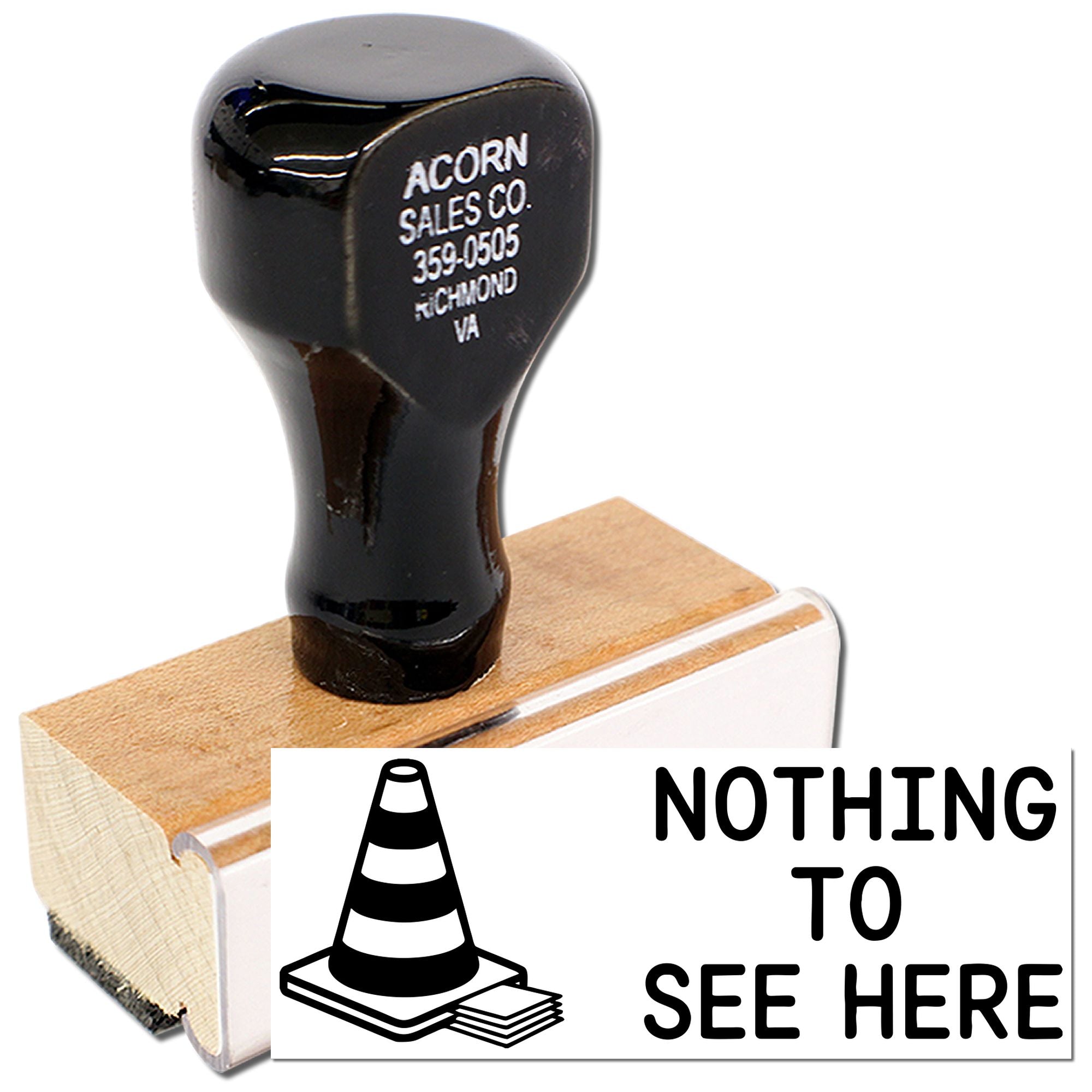 Custom rubber stamp with Nothing to See Here traffic cone design, ideal for business, office, or warning labeling.