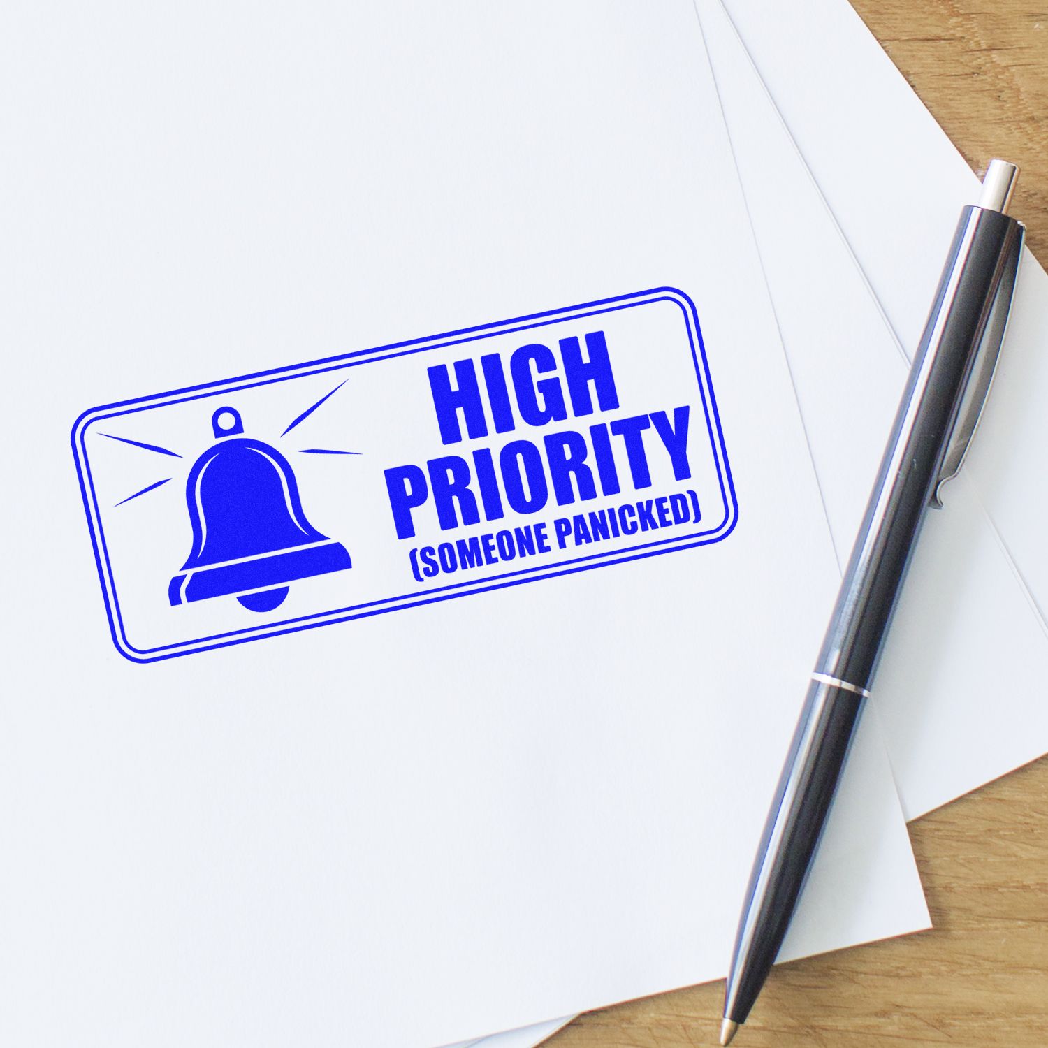 Humorous high priority rubber stamp impression on paper, ideal for urgent office documents and custom stamp branding.