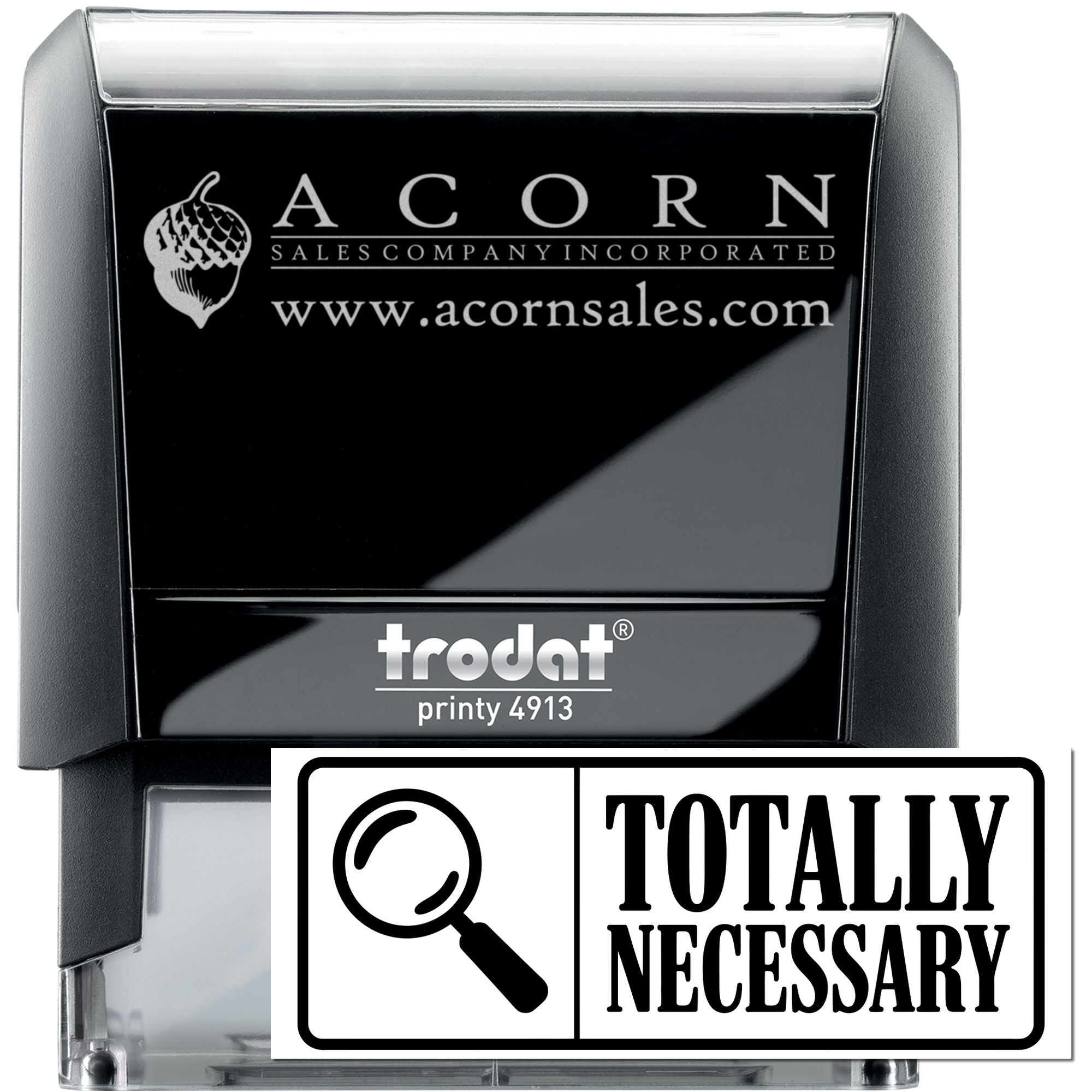 Custom self-inking rubber stamp, Trodat Printy 4913, featuring Acorn Sales Company logo and website for business branding.