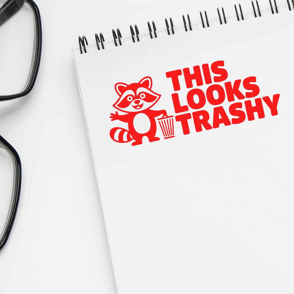 Funny raccoon rubber stamp design with This Looks Trashy text for custom stationery, crafts, and novelty stamping.