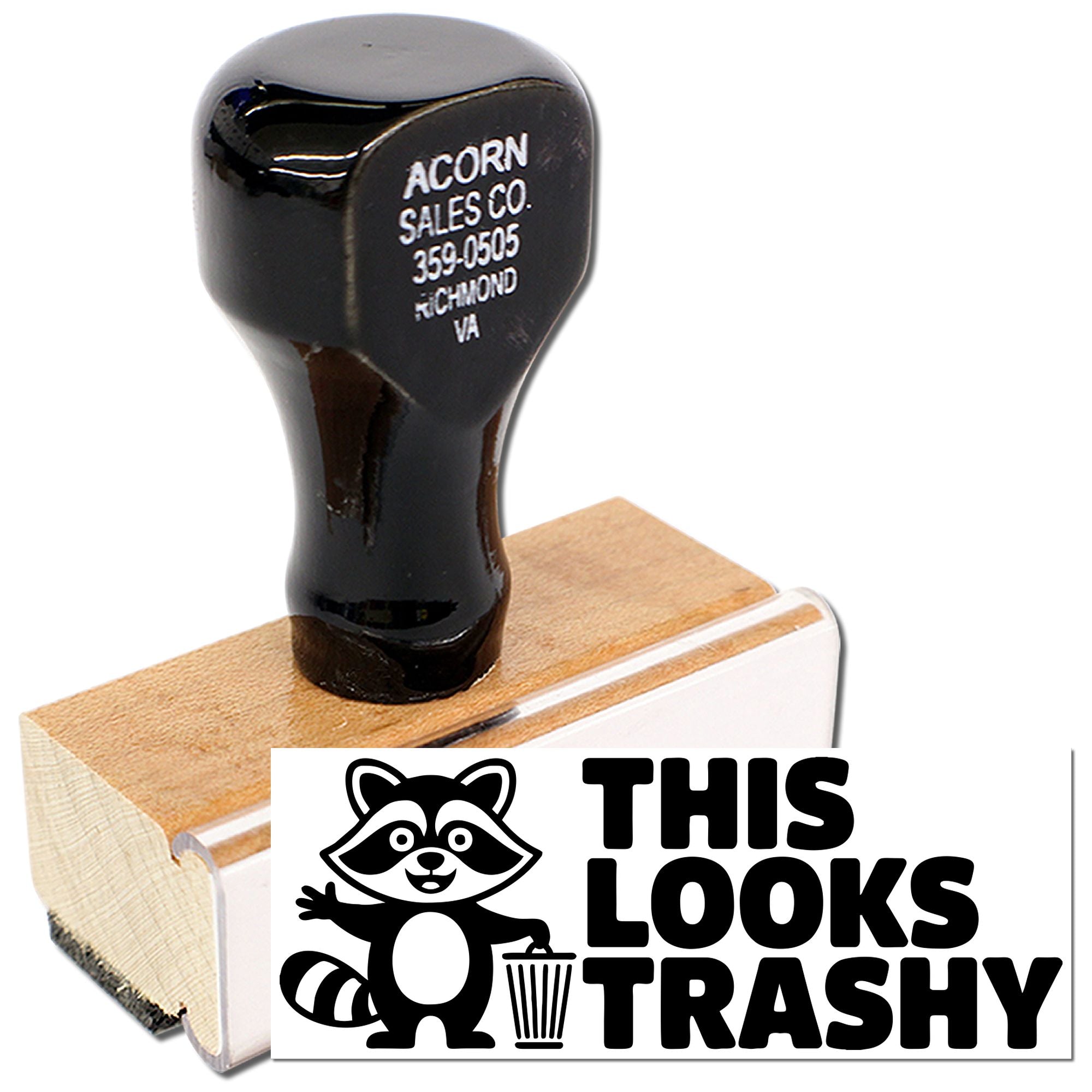 Custom rubber stamp with raccoon and This Looks Trashy design for novelty packaging and craft stamping