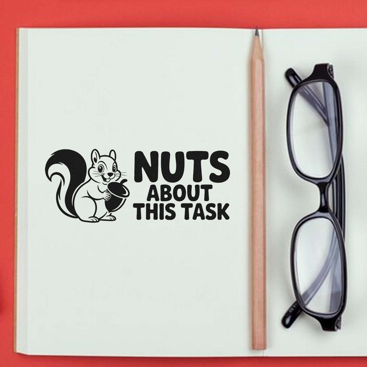 Nuts about this task rubber stamp with squirrel and acorn, ideal for planners, teachers, and office notes.