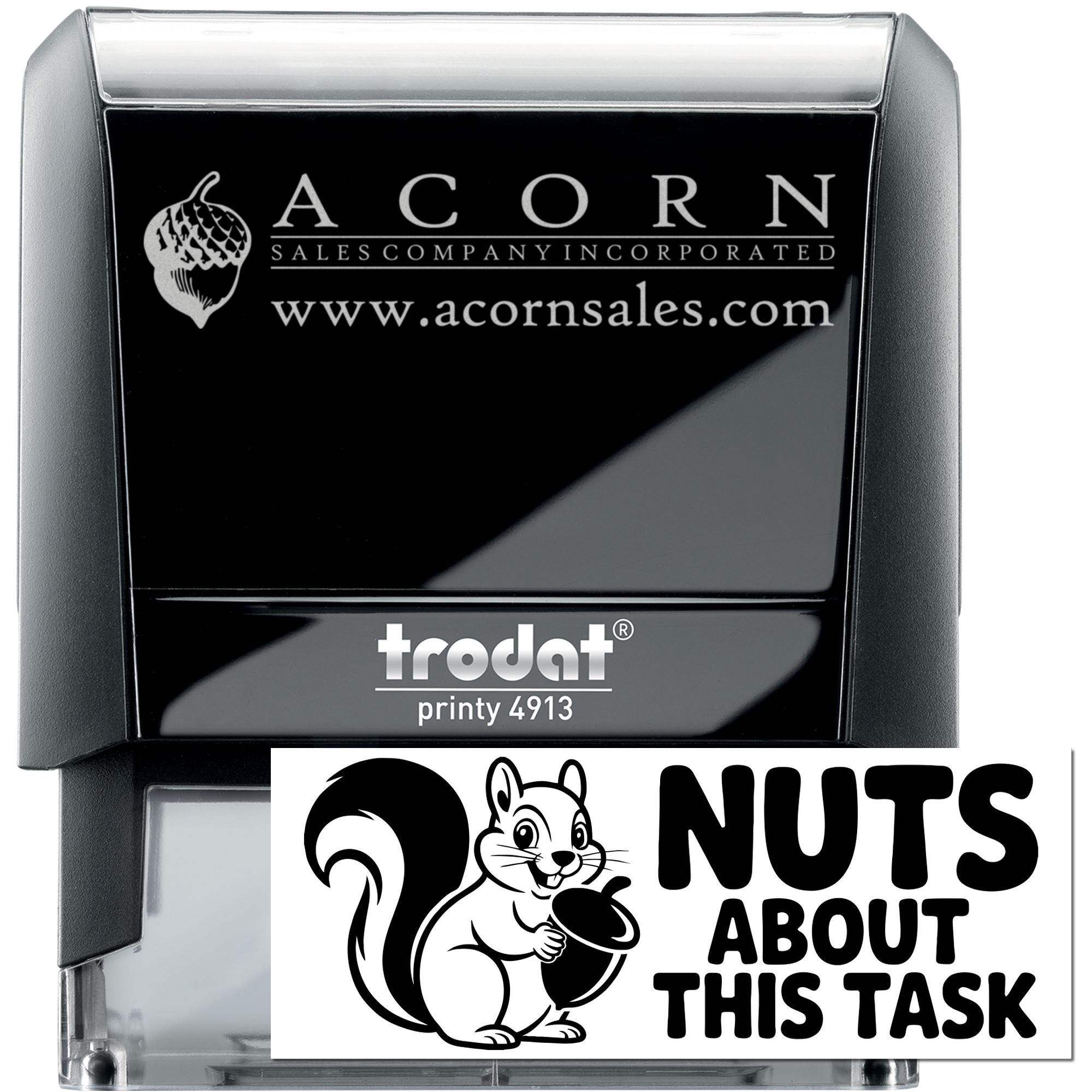 Custom self-inking rubber stamp with Acorn Sales logo and website, Trodat Printy 4913 for business branding.