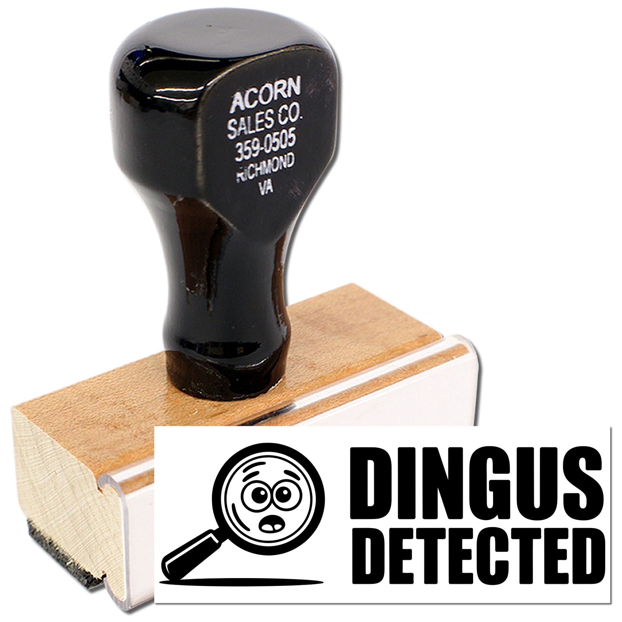 Custom rubber stamp with magnifying glass icon and Dingus Detected text for office marking.