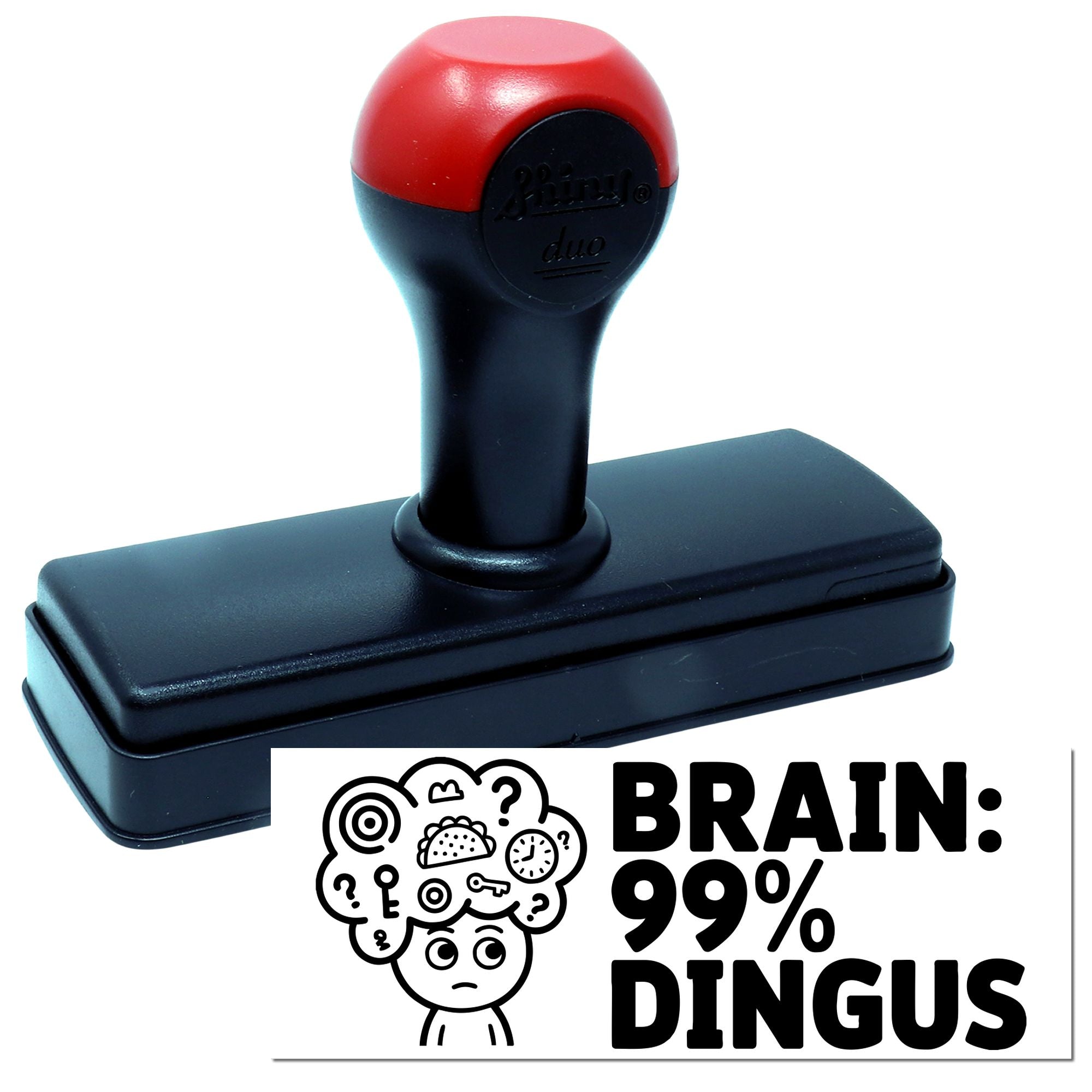 Self-inking rubber stamp with Brain: 99% Dingus imprint and cartoon brain illustration.