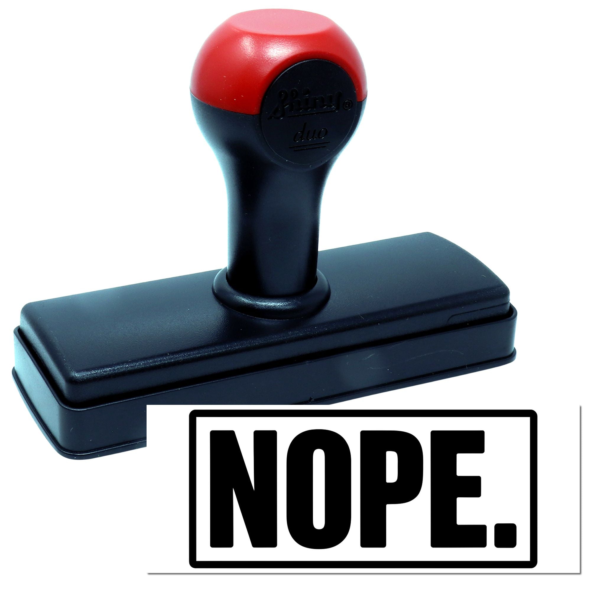 Self-inking rubber stamp with bold NOPE imprint for office use, business paperwork, and quick rejection marking.