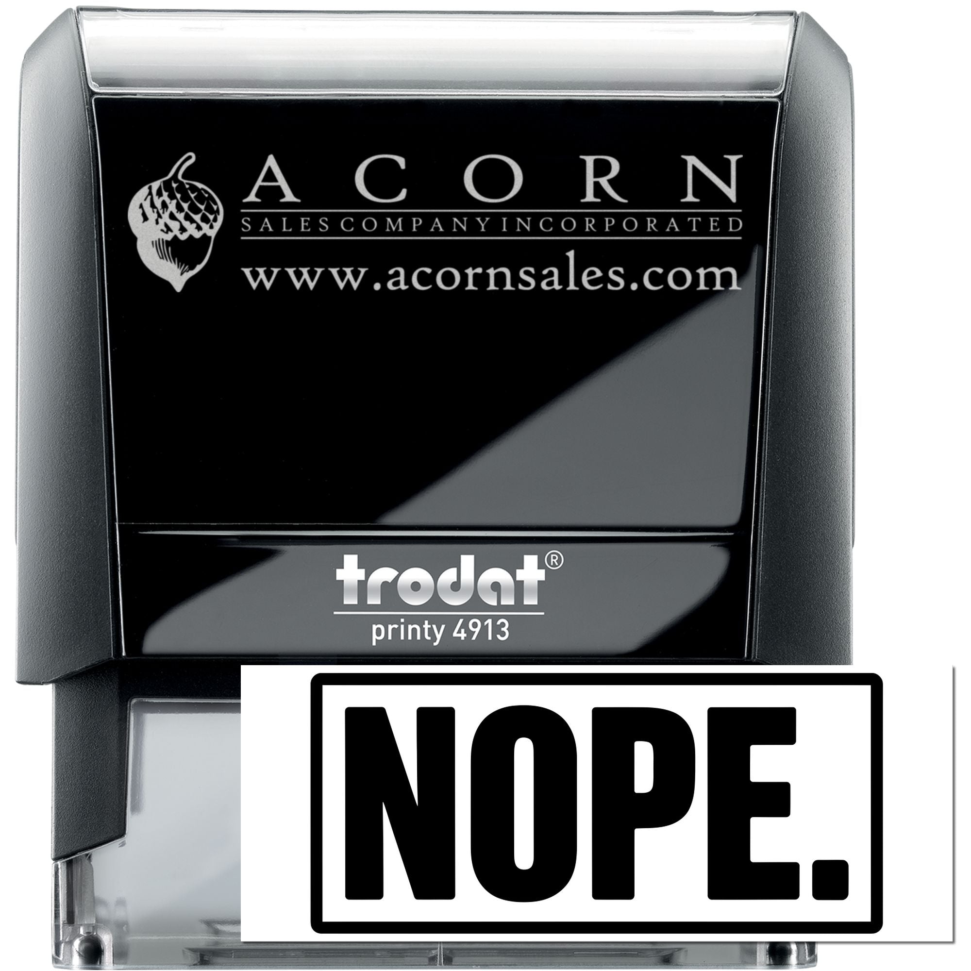 Custom self-inking rubber stamp featuring NOPE and Acorn Sales logo for branding, office use, and quick approval marking.