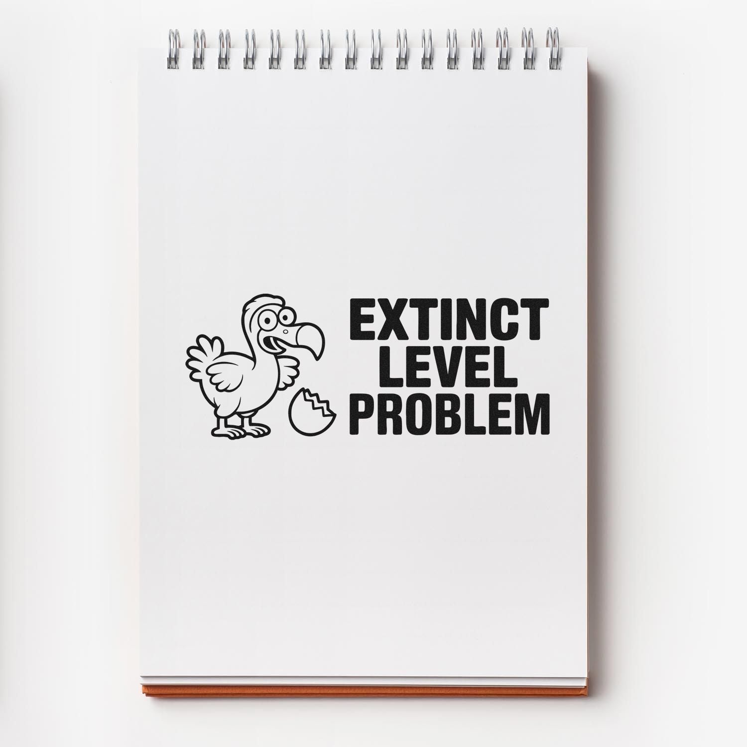 Funny dodo bird rubber stamp reading Extinct Level Problem for notebooks, journals, and eco-friendly craft projects.