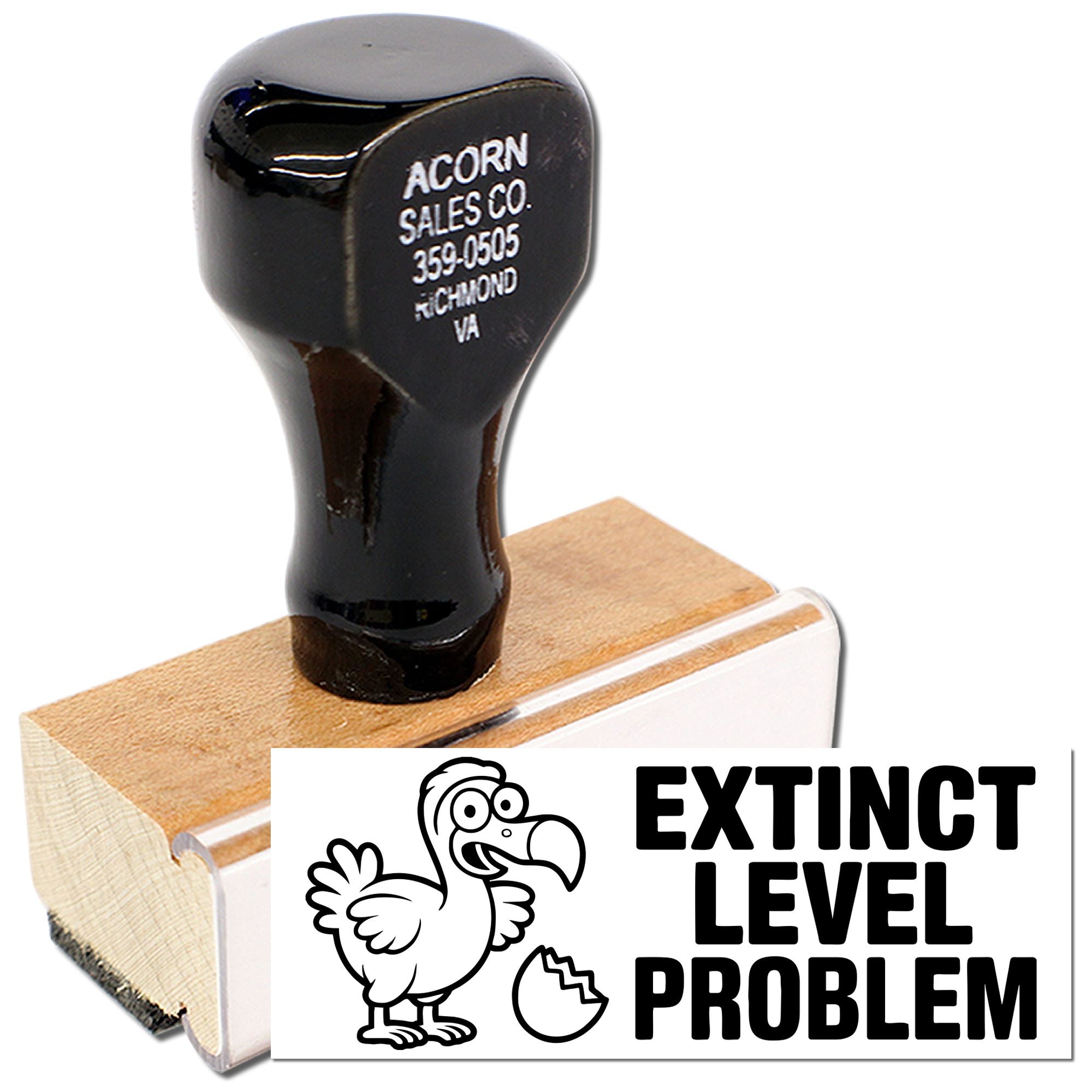 Novelty rubber stamp with Extinct Level Problem dodo design for funny office or classroom use.