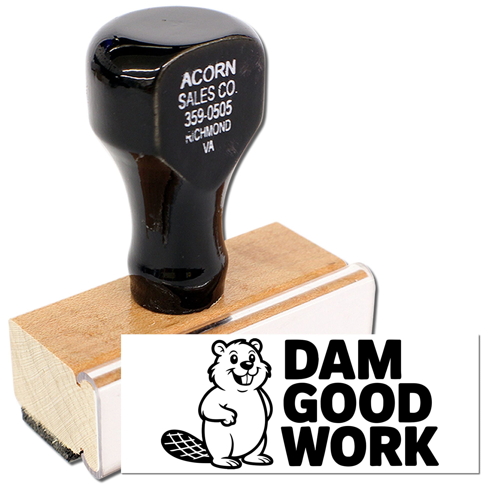 Custom rubber stamp with DAM GOOD WORK beaver design for employee recognition and office branding.