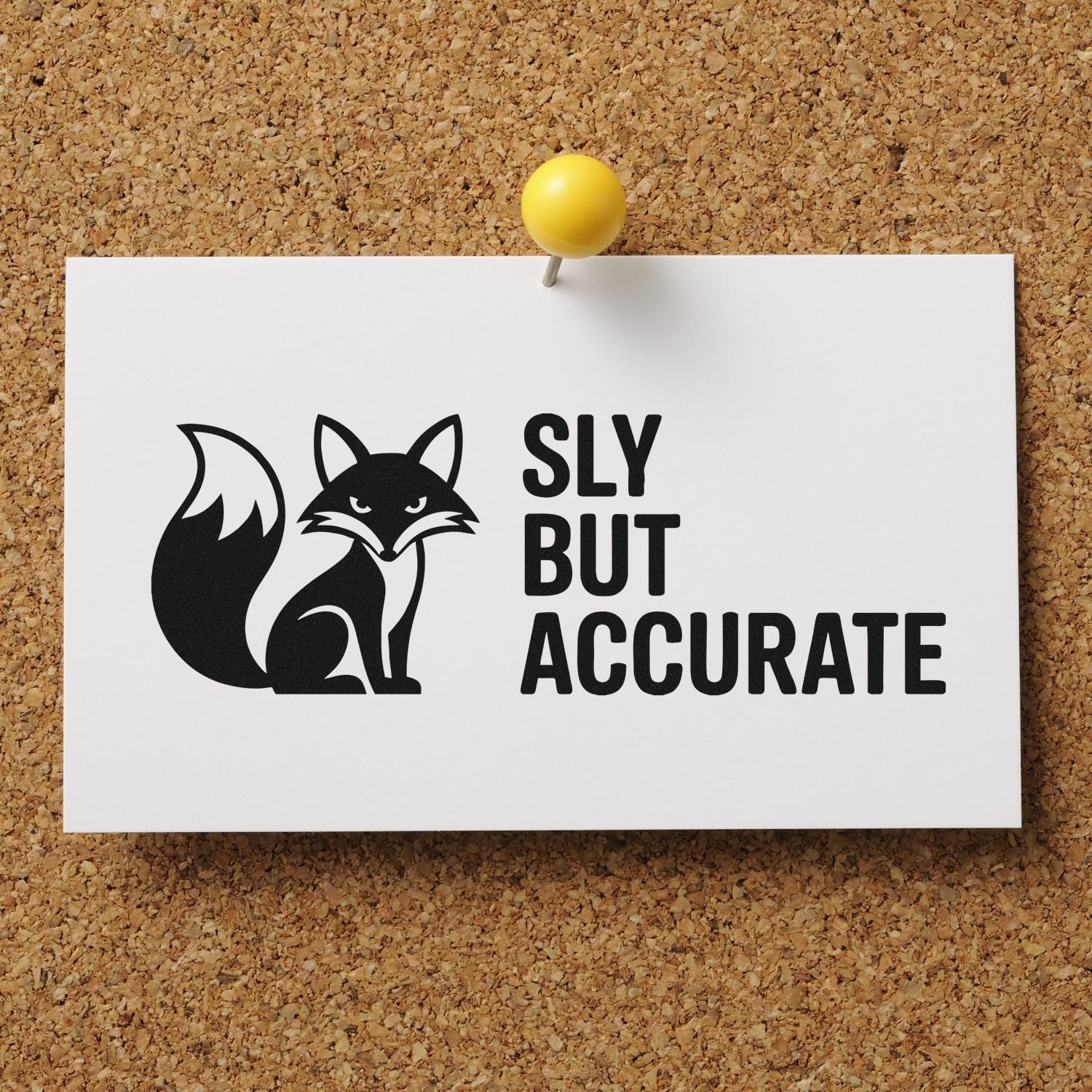 Fox custom rubber stamp design reading Sly But Accurate pinned on a corkboard.