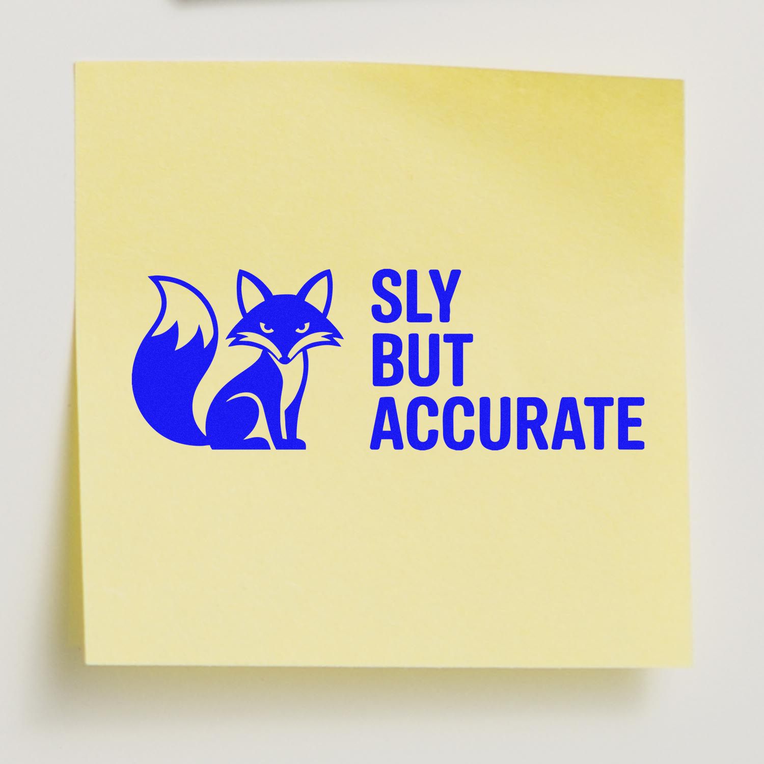Blue fox custom rubber stamp design with slogan Sly But Accurate for branding, crafts, and office use.