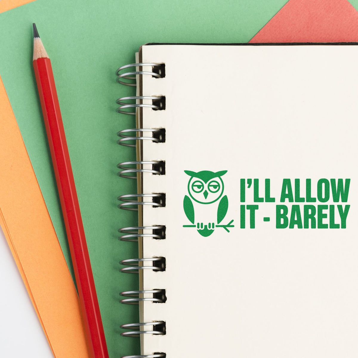 Custom owl rubber stamp design with Ill Allow It - Barely sentiment, shown on a notebook for teachers and planners.