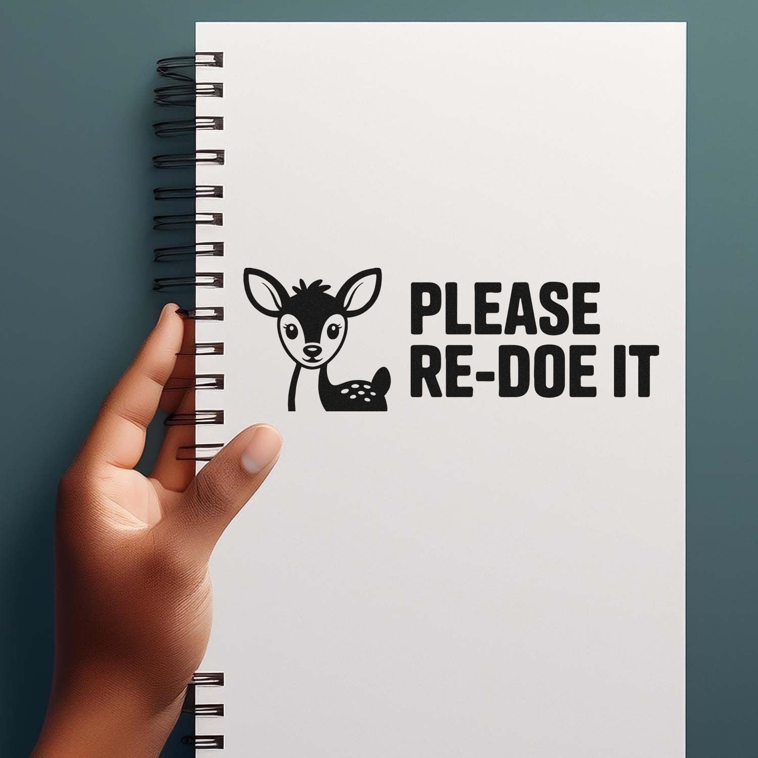 Funny deer rubber stamp design reading Please Re-Doe It for custom notebooks, journals, and stationery.