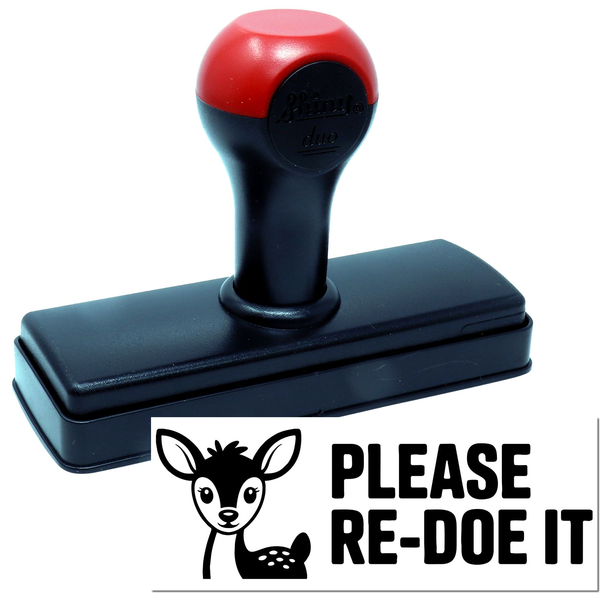 Self-inking rubber stamp with Please Re-Do It deer logo for teacher or office feedback.
