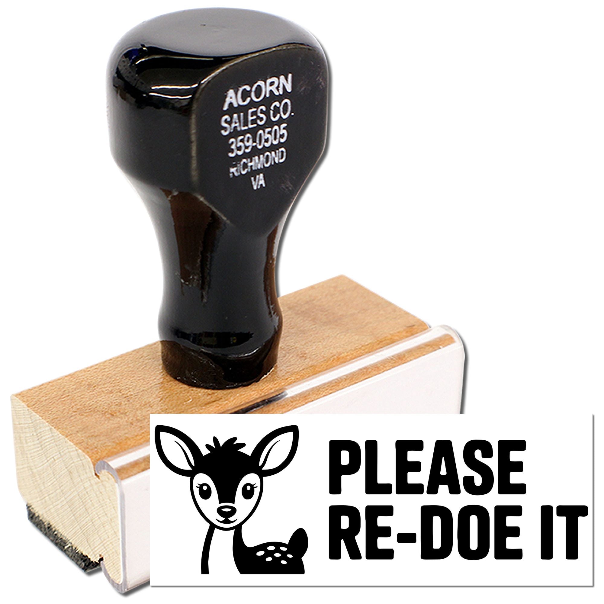 Custom wood handle rubber stamp with deer logo and Please Re-Do It message for business approvals.