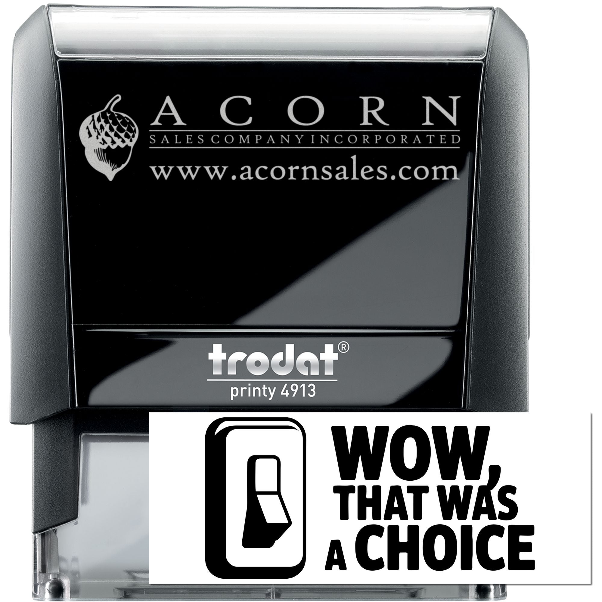 Custom self-inking rubber stamp, Trodat Printy 4913, with Acorn Sales Company logo and website for business branding.