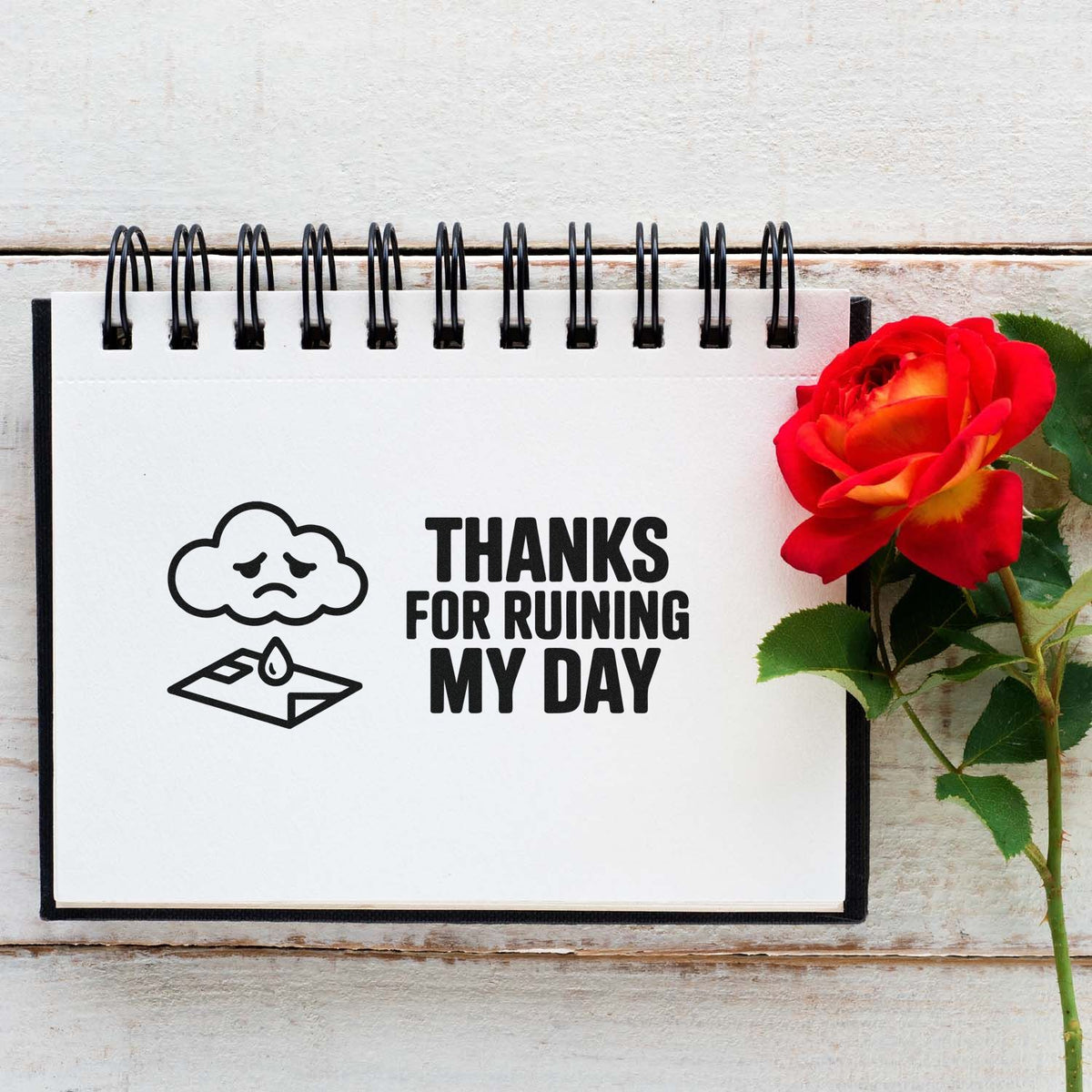 Sarcastic rubber stamp design reading Thanks for Ruining My Day with sad cloud icon.