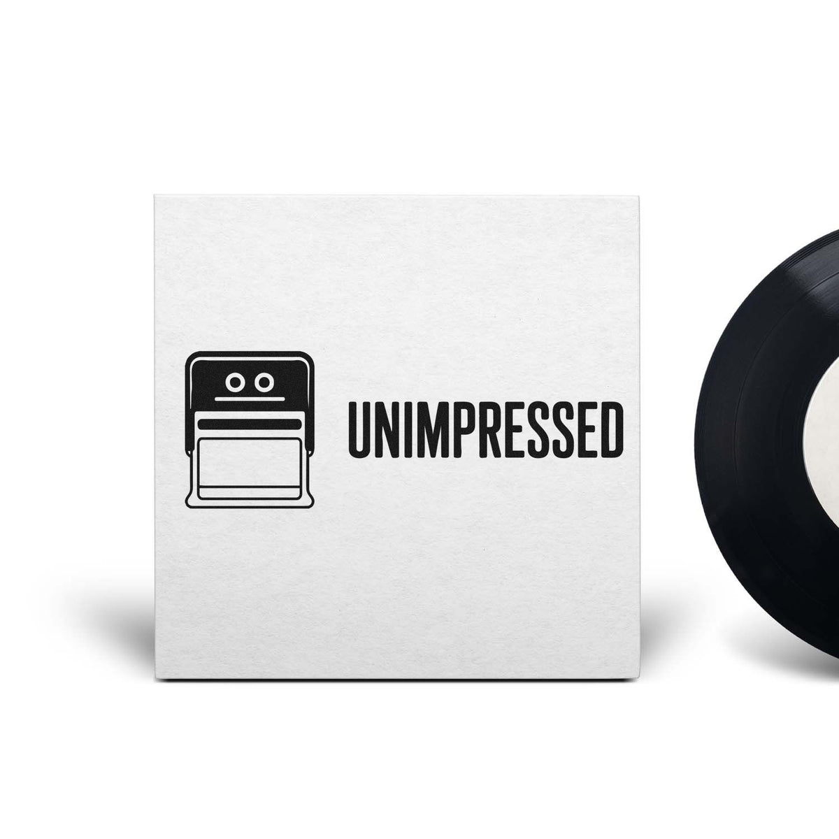 Humorous Unimpressed rubber stamp design for office or craft projects with bold text and a simple face icon.