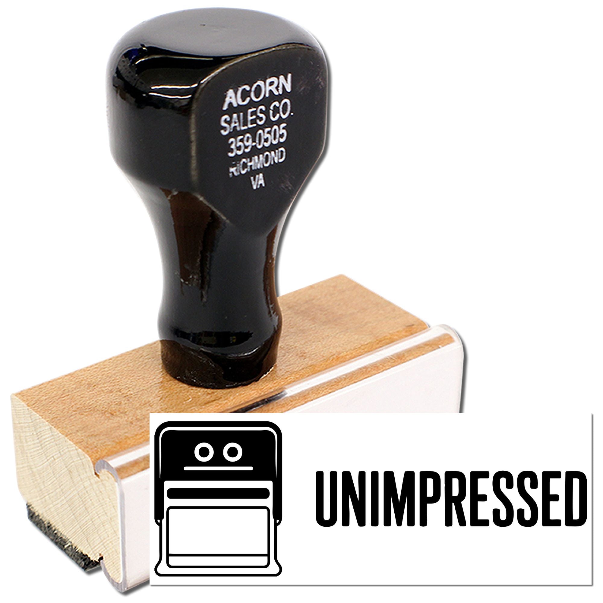 Custom rubber stamp with Unimpressed design, wooden handle, and bold novelty imprint for office or branding use.