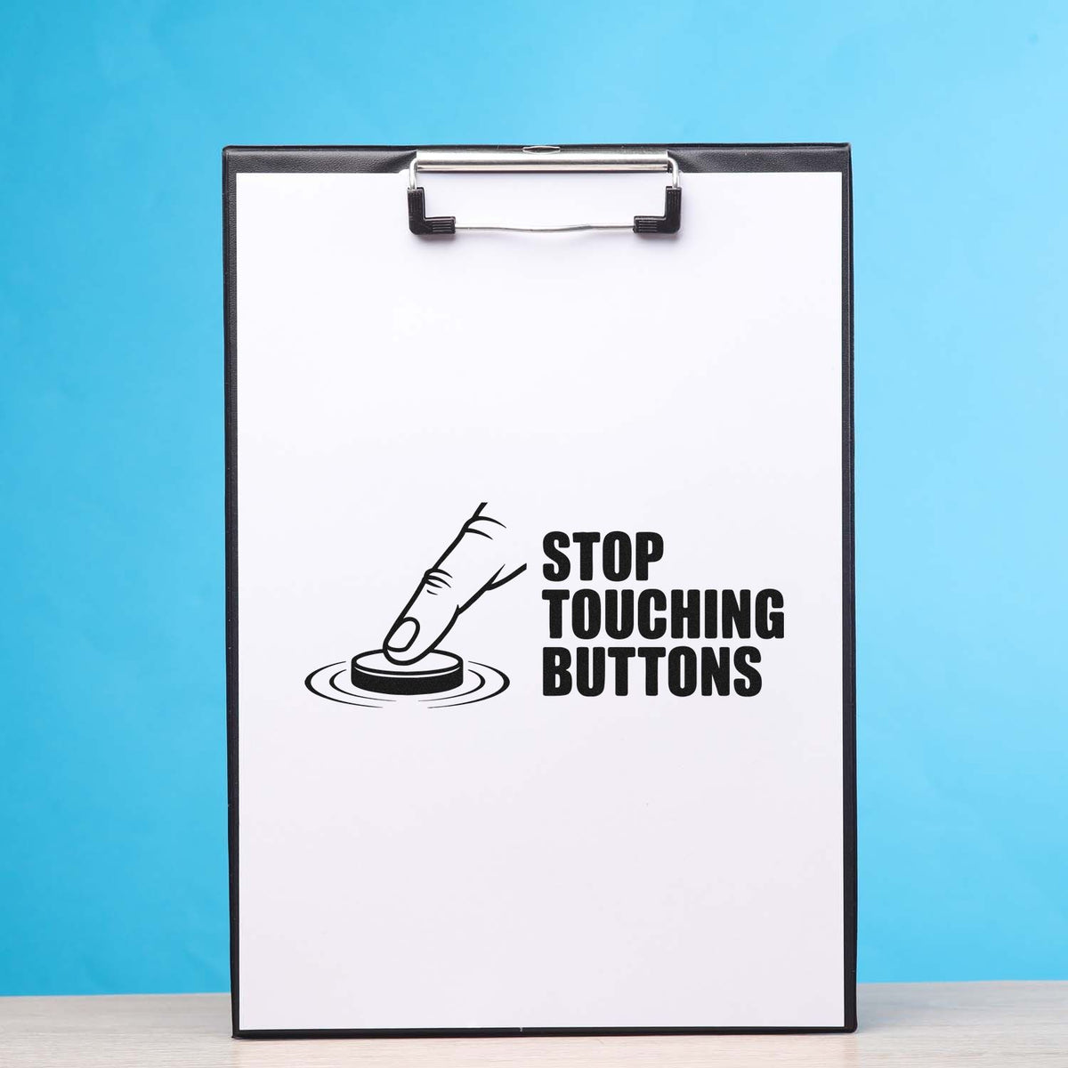 Stop Touching Buttons custom rubber stamp design mockup for office warning labels and workplace humor.