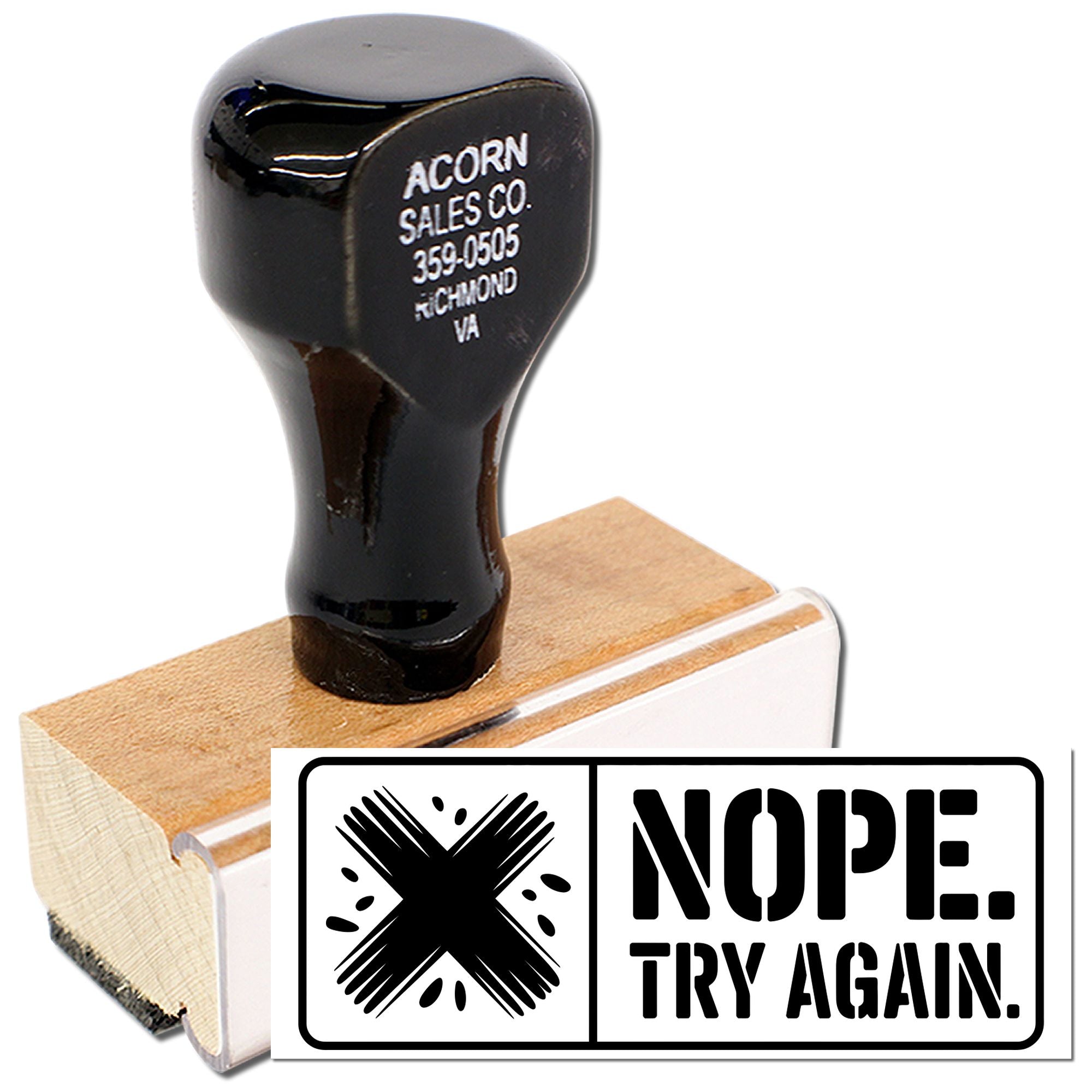 Custom rubber stamp with Nope. Try again. message for playful document approval, office marking, or craft use.